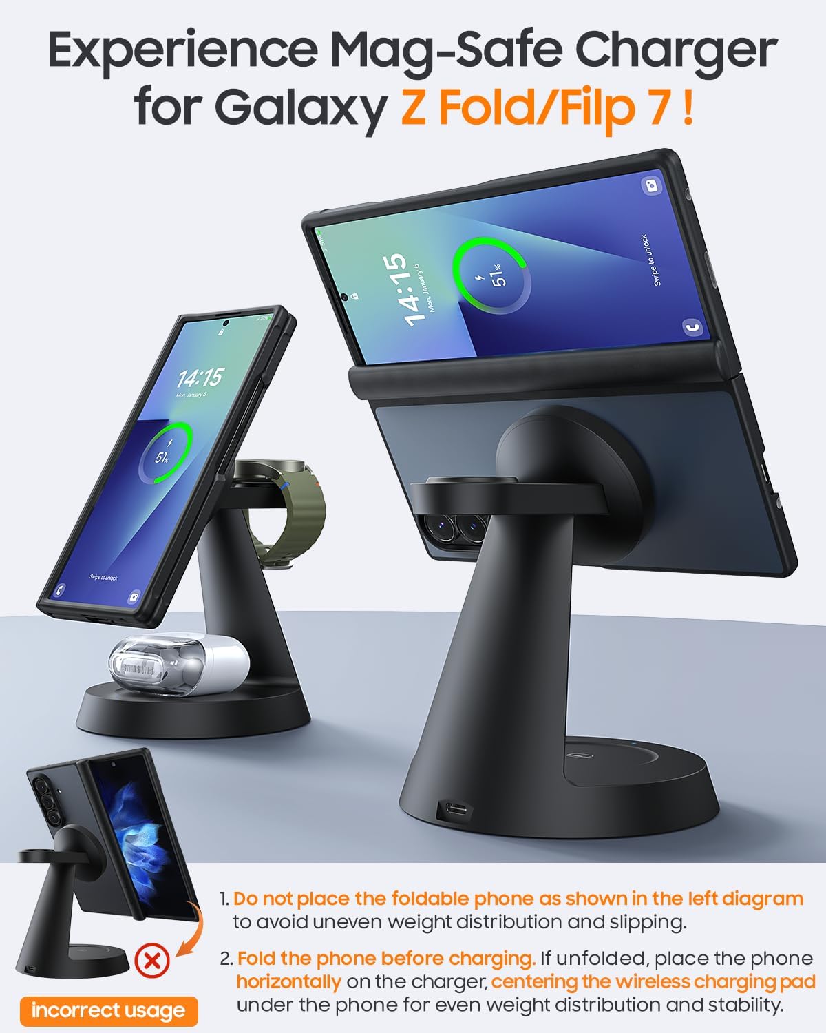 Magnetic Wireless Charger for Samsung, 3 in 1 Charging Station Compatible with MagSafe Samsung Charger for Galaxy S26 Ultra S25 Z Fold7/Flip7, Watch Charger Stand for Galaxy Watch Ultra 8 7, for Buds - Image 2