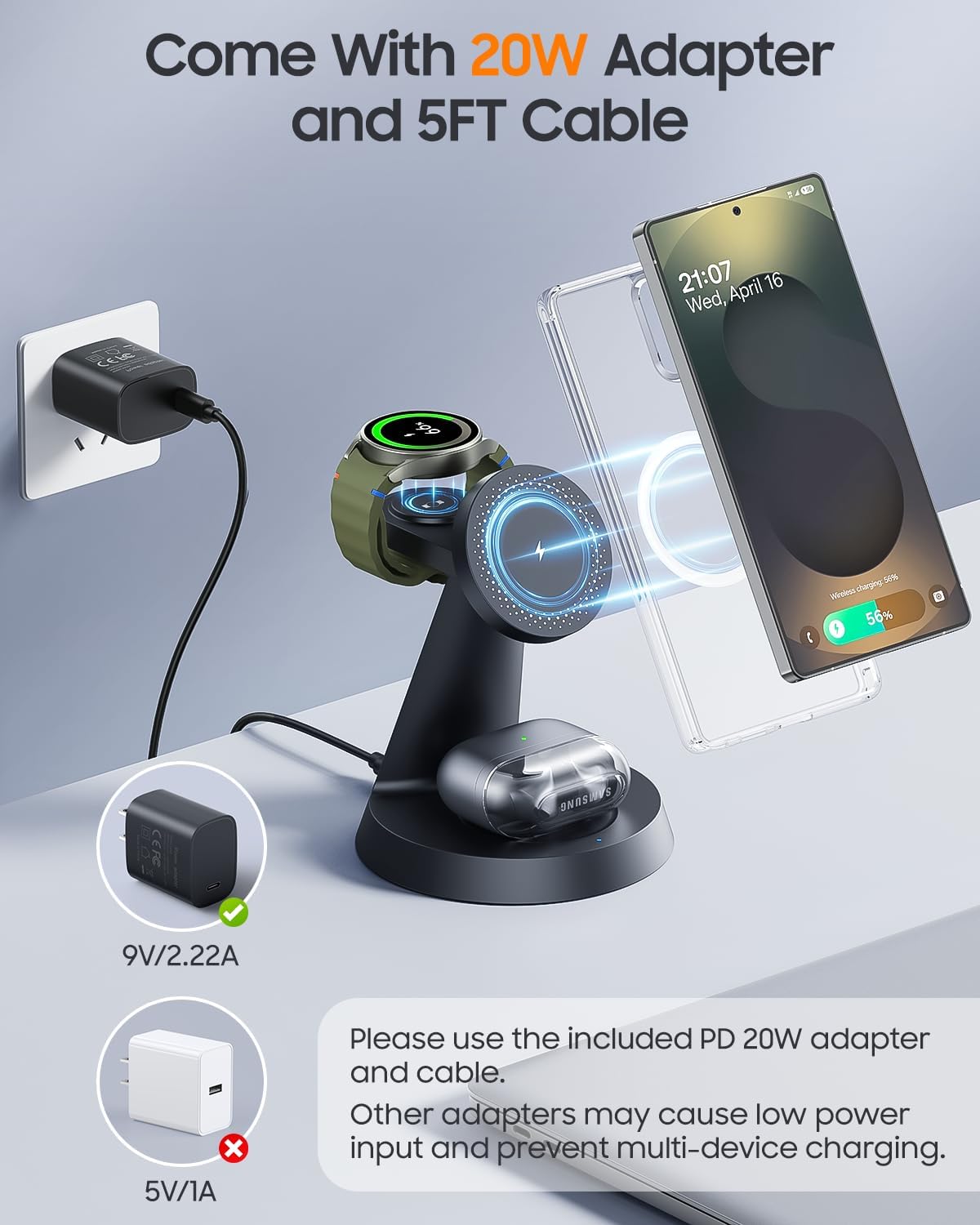 Magnetic Wireless Charger for Samsung, 3 in 1 Charging Station Compatible with MagSafe Samsung Charger for Galaxy S26 Ultra S25 Z Fold7/Flip7, Watch Charger Stand for Galaxy Watch Ultra 8 7, for Buds - Image 9