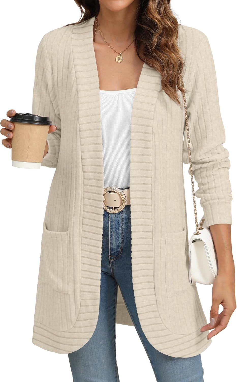 Women Long Sleeve Open Front Cardigan Casual Lightweight Long Cardigans Loose Knit Outwear with Pockets