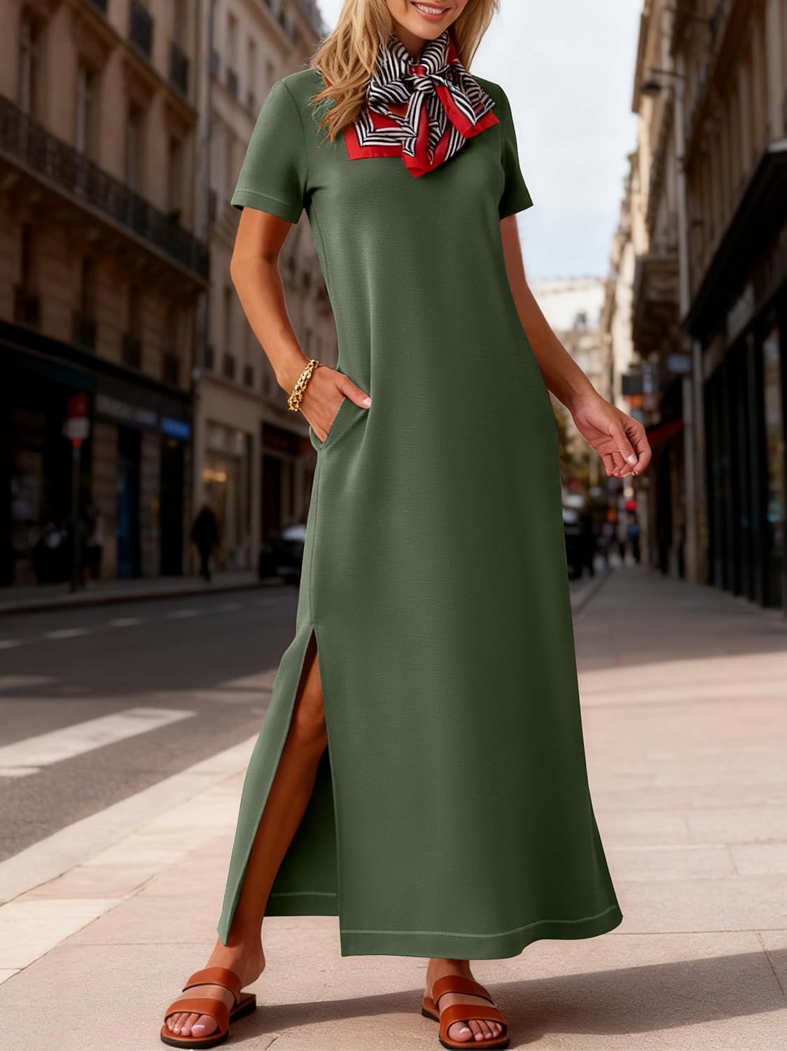 ANRABESS Womens Summer Casual Maxi Dress Short Sleeve Crewneck Split Wrinkle-Free Travel Long Sundress Beach Vacation Clothes - Image 3