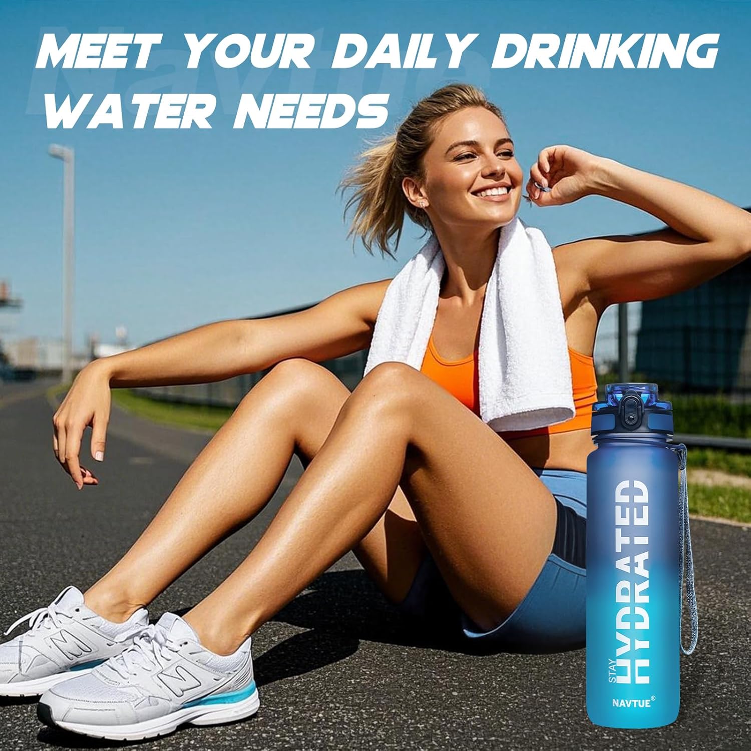 Water Bottle, 32oz Sports Water Bottles with Time Marker Wide Mouth, Motivational and Leakproof Drink Bottle, BPA Free Tritan with Carry Strap for Gym Fitness Outdoor (1 Bottle) - Image 6