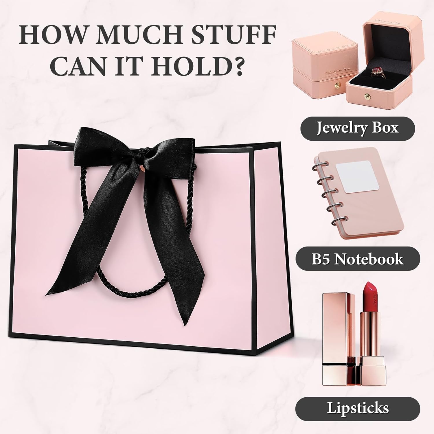 JMANNI Gift Bags with Handles, 1Pcs Paper Gift Bag with 2 Tissue Paper and 1 Greeting Cards, Present Bags for Women Mother's day Birthday Valentines Wedding Party Baby Shower (Black-Pink) - Image 7