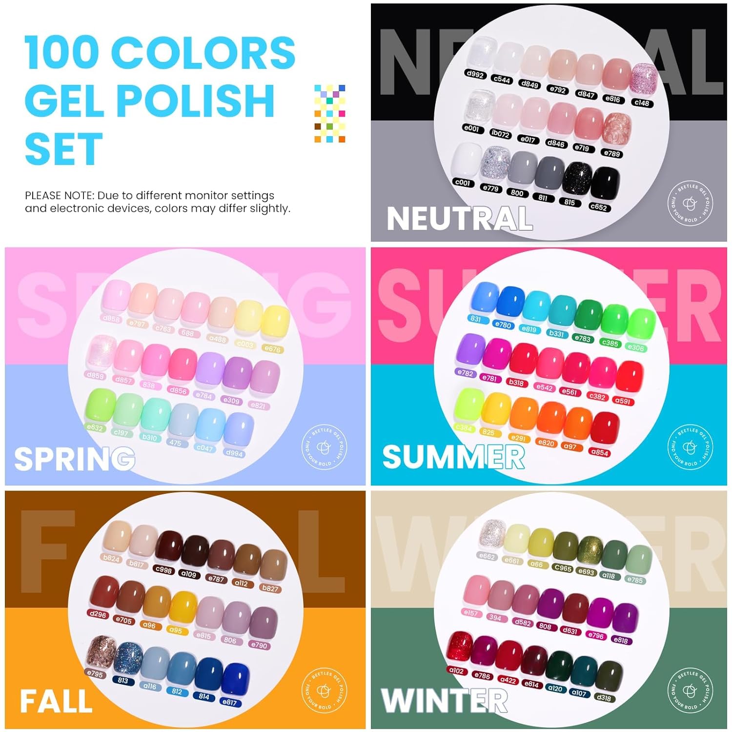Beetles 110 PCS Gel Nail Polish Set, 100 Colors Infinite Inspiration Gift Spree All Season Red Brown Green Black Gel Polish with 5Pcs Base Top Coat Soak off UV Gel for Manicure Lovers DIY at Home - Image 2
