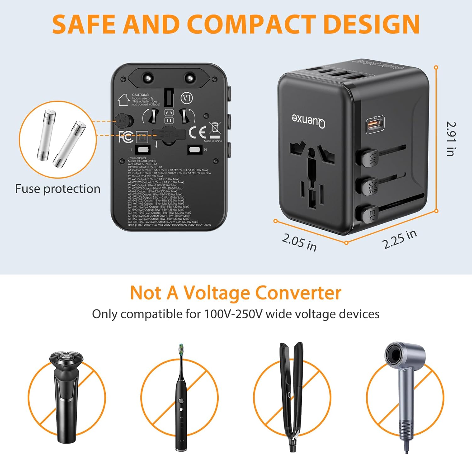 Universal Travel Adapter, International Power Adapter with 35W PD & QC Fast Charging, Travel Plug Adaptor Worldwide with 3 USB-C & 2 USB-A for USA to Europe UK France Germany Australia(Type C/G/A/I) - Image 5