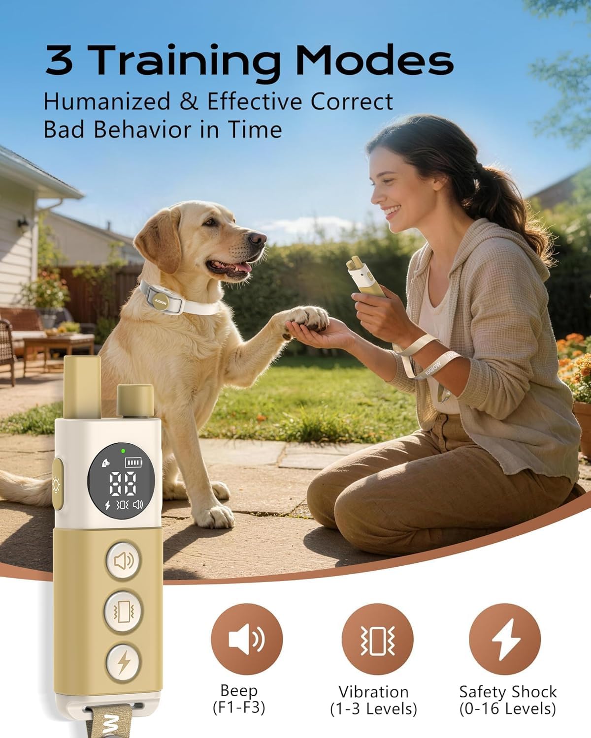 Jugbow Shock Collar for Dogs - 4200FT Remote Training Collar for 15-120lbs Small Medium Large Dog, LED Light & Waterproof Electric Collars with 3 Training Mode for All Breeds (Beige) - Image 2