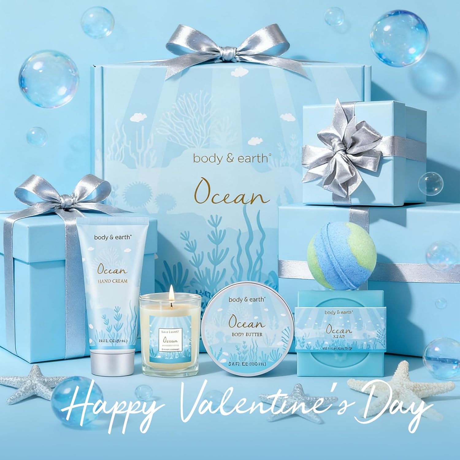 Gifts for Women, Bath and Body Womens Gift Sets with 5 Pcs Ocean Scented Spa Gifts for Women Bath Gift with Scented Candle Body Butter Hand Cream Bath Bomb Mothers Day Gifts - Image 2