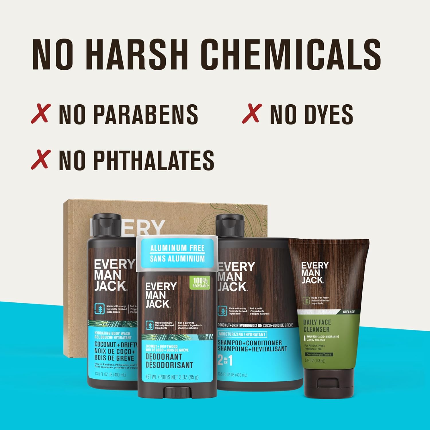 Every Man Jack Men's Bath and Body Gift Set - Coconut + Driftwood Scent - Clean Ingredients - Includes Hydrating Body Wash, 2-in-1 Shampoo, Aluminum-free Deodorant & Face Wash - Image 4