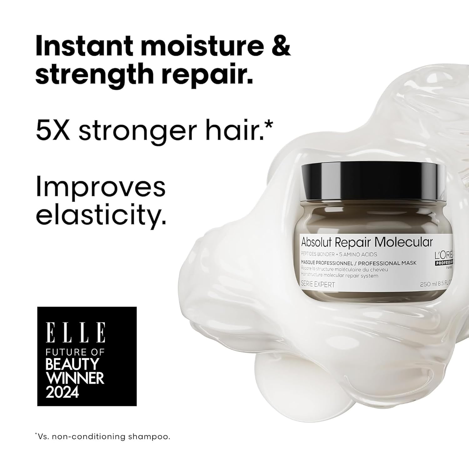 L'Oréal Professionnel Paris Absolut Repair Molecular Hair Mask - Repairs Damage & Restores Strength For Extremely Dry Damaged Hair, Extra Detangling & Hydration, Peptides Bonder - Image 4