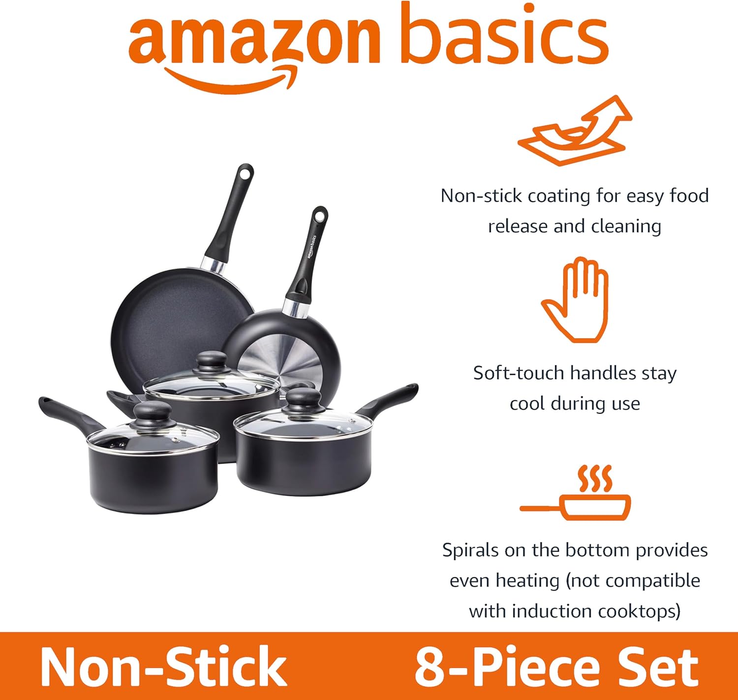 Amazon Basics Non-Stick Kitchen Cookware 8-Piece Set, Non-Induction, Includes Pots and Pans, Black - Image 2
