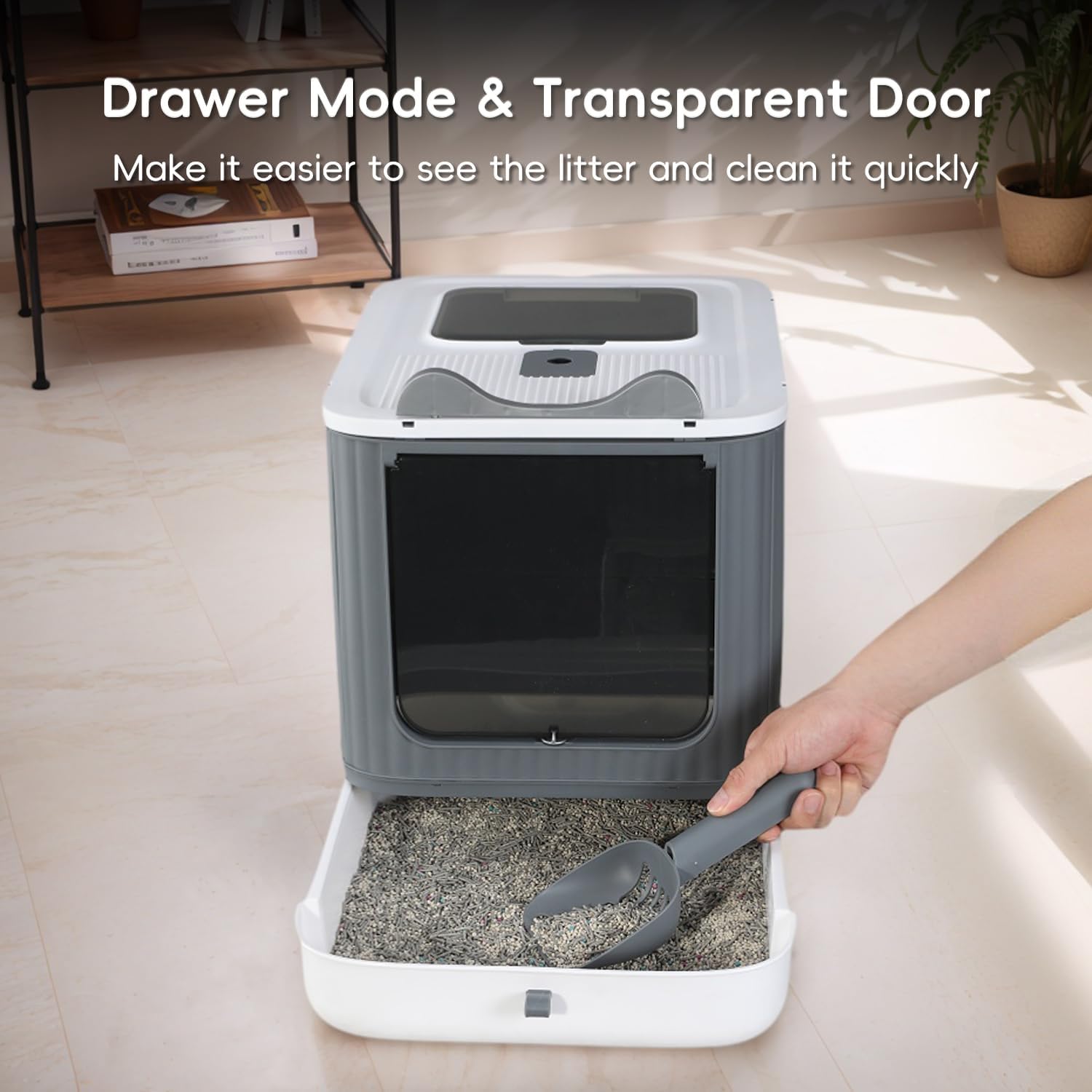Foldable Cat Litter Box, Fully Enclosed Litter Box with Lid, Covered Kitty Kitten Litter Boxes Enclosure with Scoop, Odor Control, Easy to Clean, 3 Modes for Cat up to 12 lbs(White&Grey) - Image 5