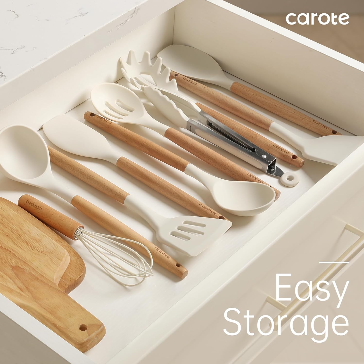 CAROTE Silicone Cooking Utensils Set, Kitchen Utensils Set 10 Pcs for cooking, BPA Free Spatula Set with Heat Resistant Wood Handles for Nonstick Cookware (Cream White) - Image 8