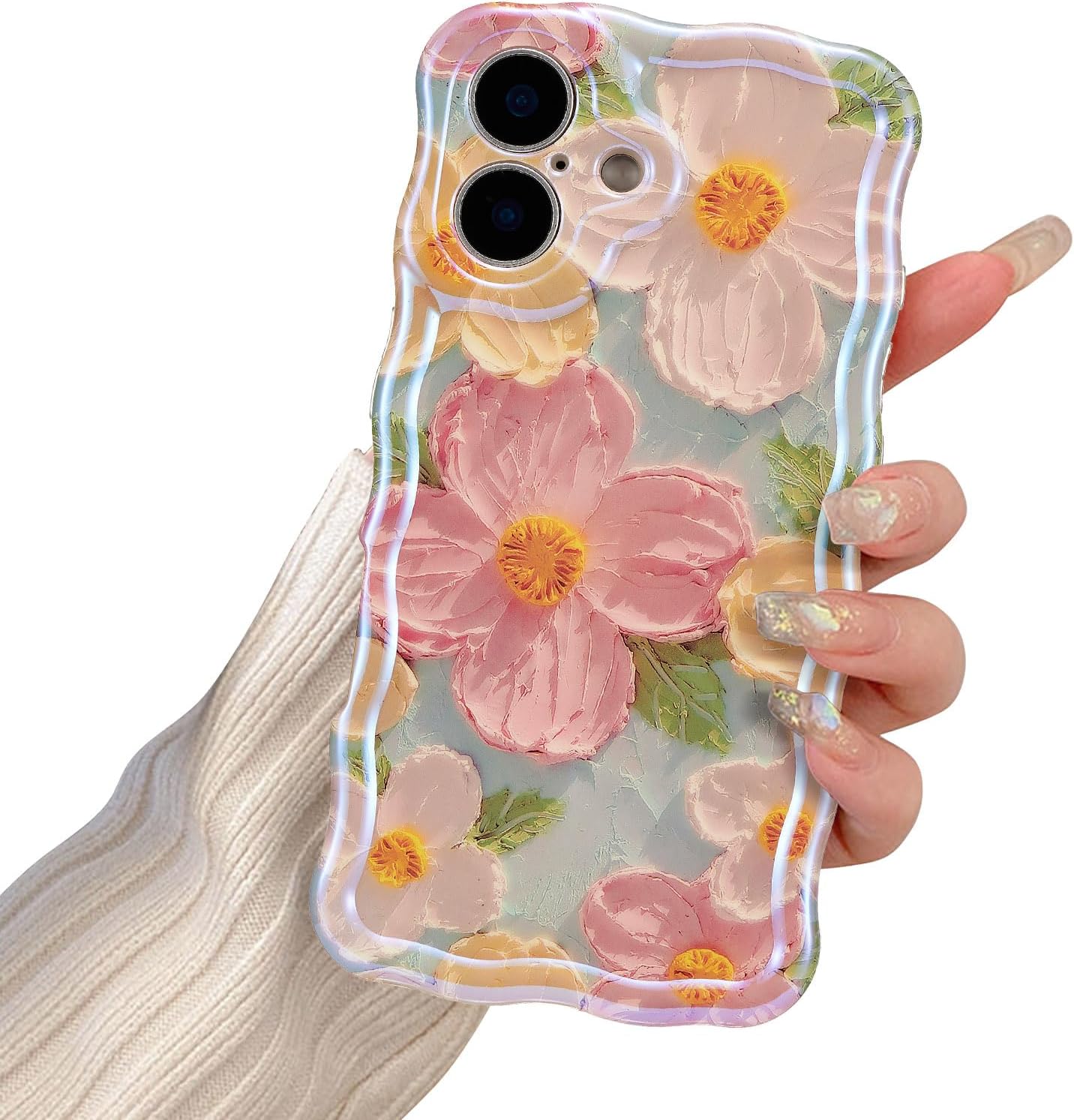 EYZUTAK Case for iPhone 16, Colorful Retro Oil Painting Printed Flower Laser Glossy Pattern Cute Curly Wave Edge Exquisite Phone Cover Stylish Durable TPU Protective Case for Girl Women-Green - Image 9