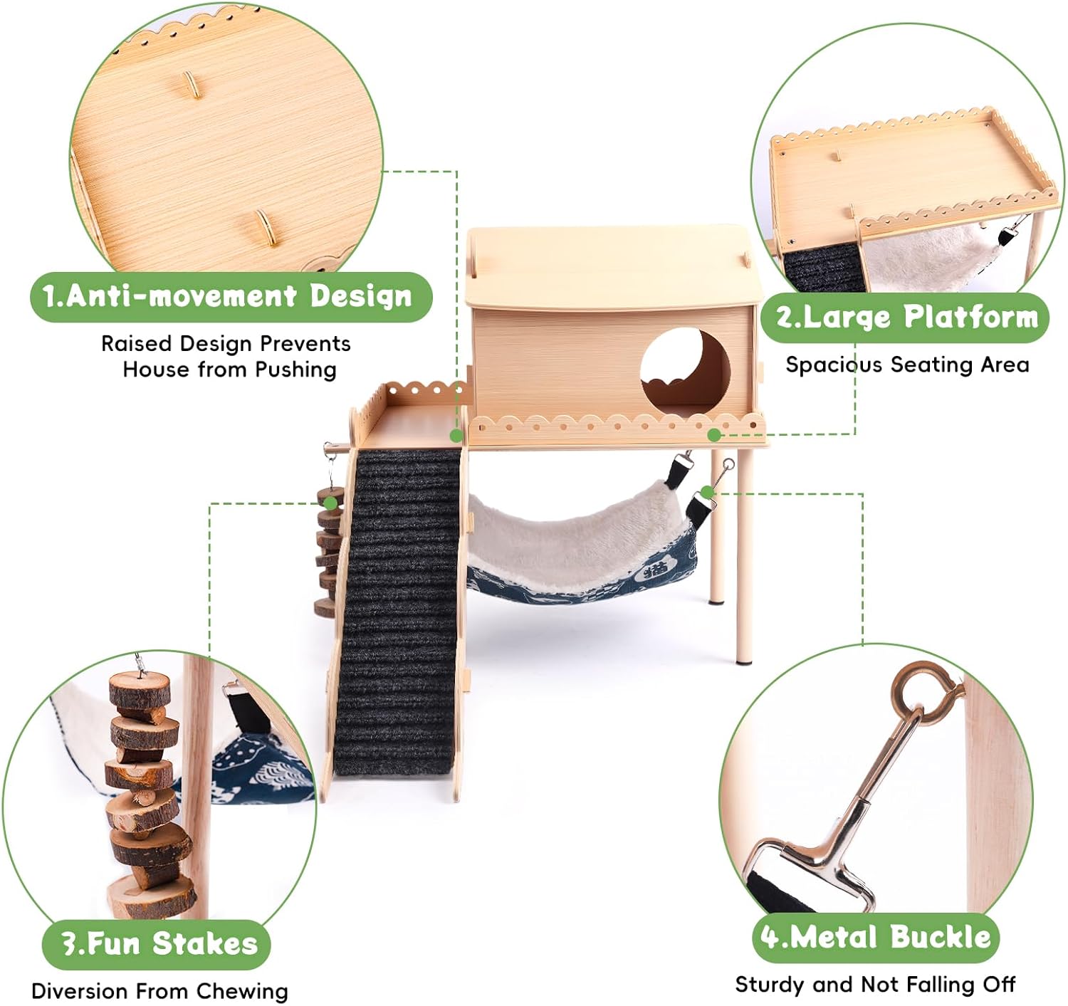 Kalolary Detachable Double-Decker Guinea Pig Hideout, Large Wooden Guinea Pig Castle with Stair, Hammock, Mat for Small Animals Hamster Chinchilla Bunny Ferret Rabbit Hiding Playing Sleeping - Image 6