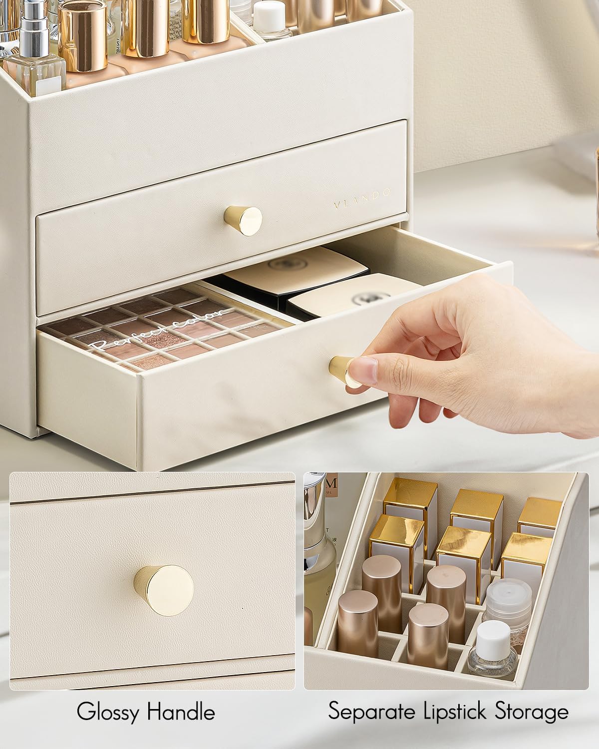 VLANDO Makeup Organizer for Vanity,Large Capacity Countertop Organizer with Drawers, PU Leather Cosmetic Display Case for Lipstick,Brushes,Skincare,Bedroom Storage (Beige) - Image 4