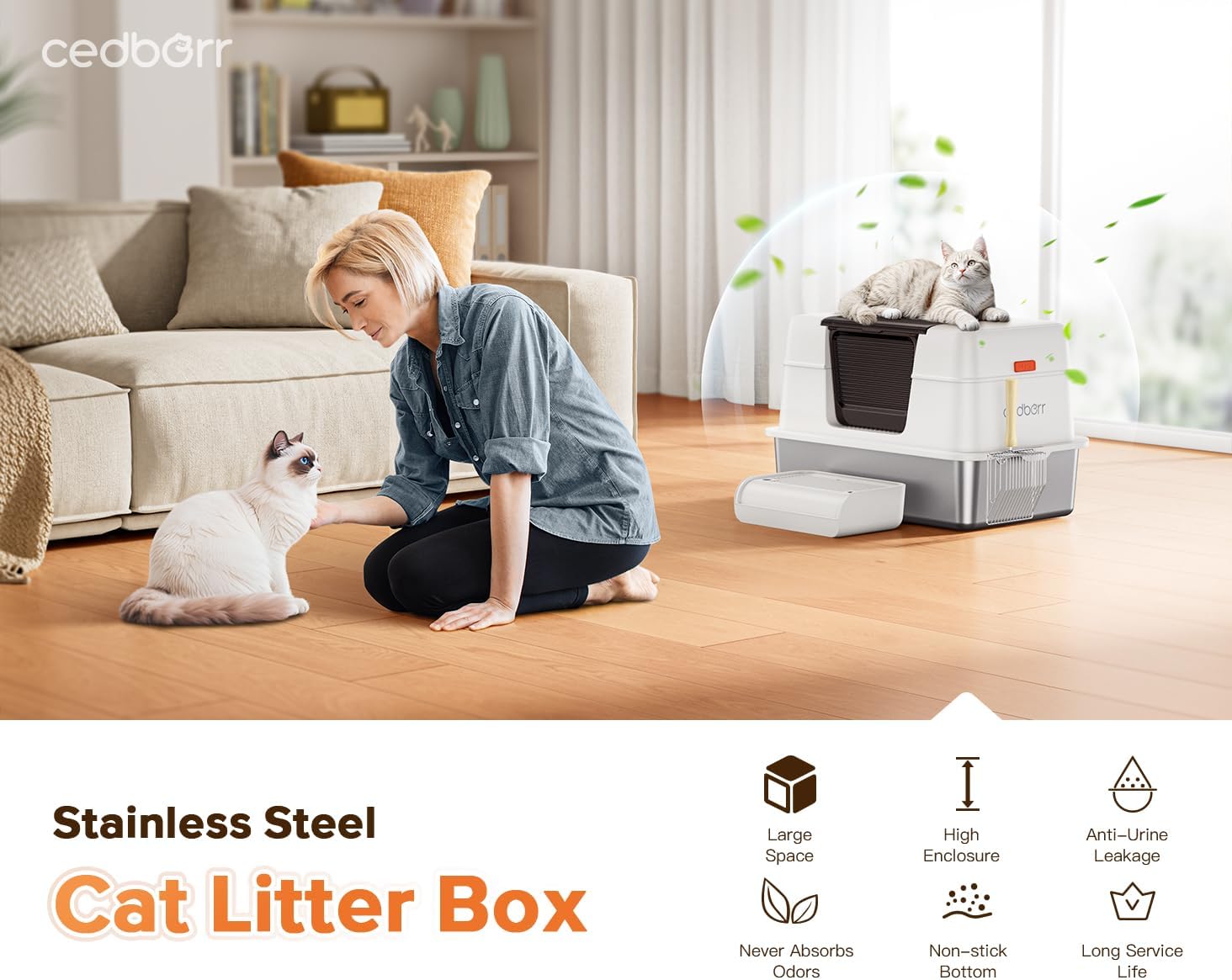 XL Premium Stainless Steel Enclosed Cat Litter Box with Lid, Extra Large Heavy-Duty Metal Litter Box for Big Cats & Multi-Cat Homes|Leak-Proof, Odor-Locking, Non-Stick Surface | Easy Clean (White) - Image 9