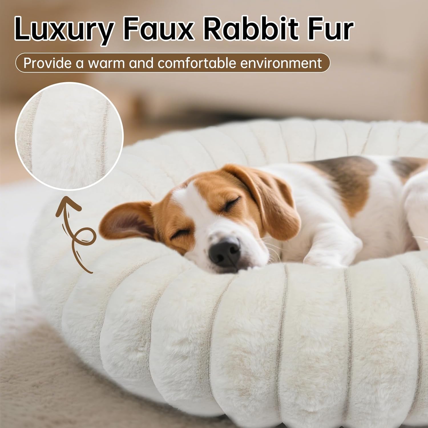 Donut Dog and Cat Bed, Luxurious Comfortable Faux Rabbit Fur Pet Beds, Soft Anti-Anxiety Calming Puppy Kitten Bed with Anti-Slip Bottom for Small Dogs & Cats(20", White) - Image 2