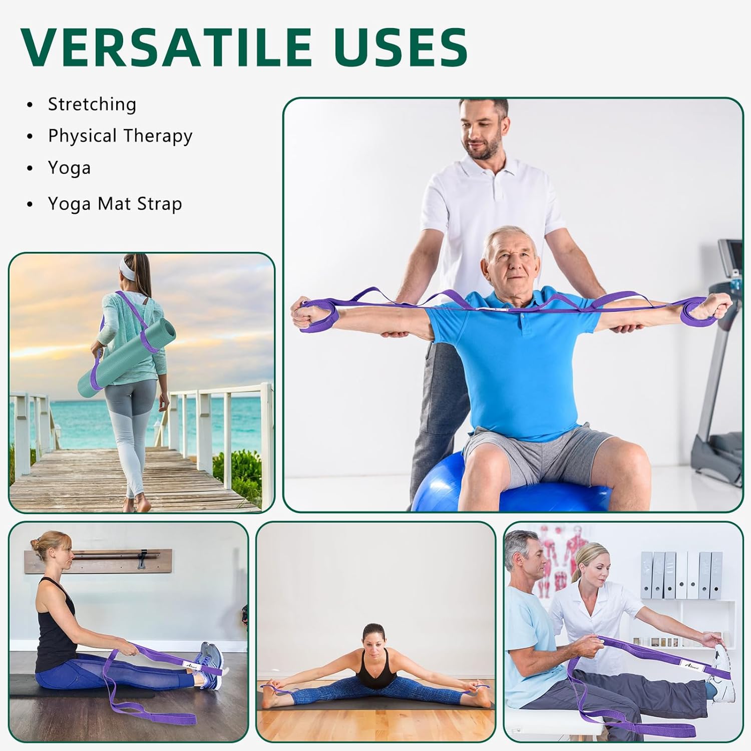 Abiarst Stretching Strap Yoga Straps for Physical Therapy, 10 Loops Non-Elastic Stretch Band for Pilates, Flexibility, Exercise and Gymnastics - Image 2