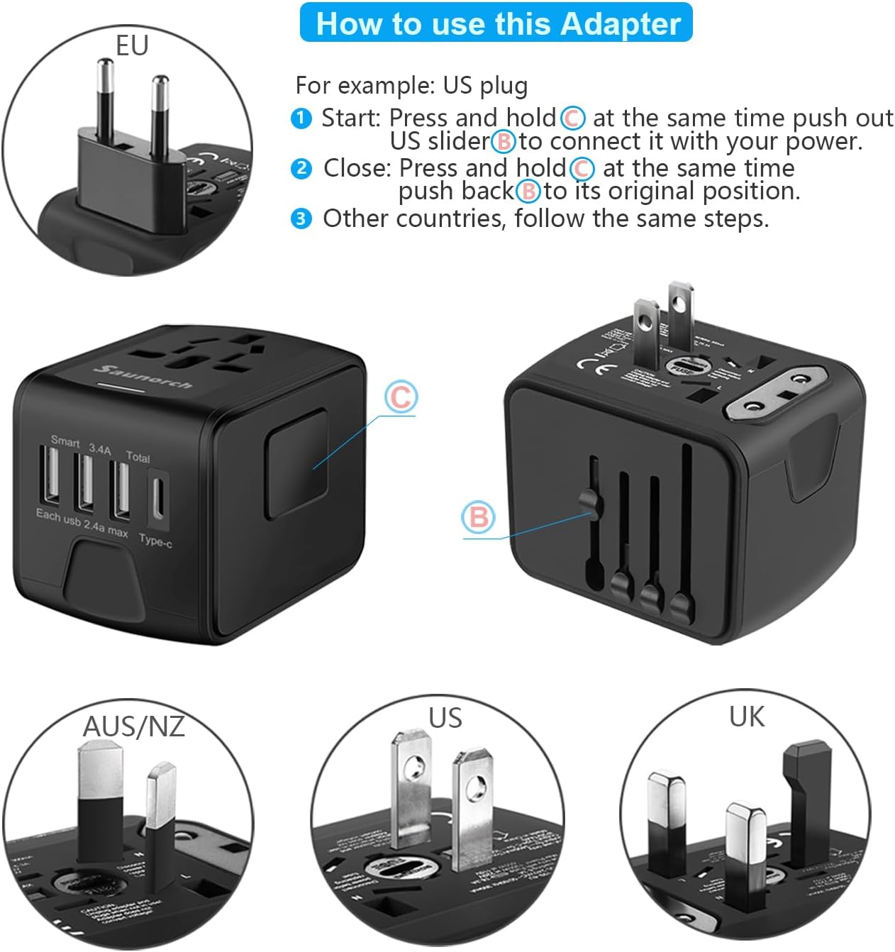 Universal International Travel Power Adapter W/High Speed 2.4A USB, 3.0A Type-C Wall Charger, European Adapter, Worldwide AC Outlet Plugs Adapters for Europe, UK, US, AU, Asia-Black - Image 5
