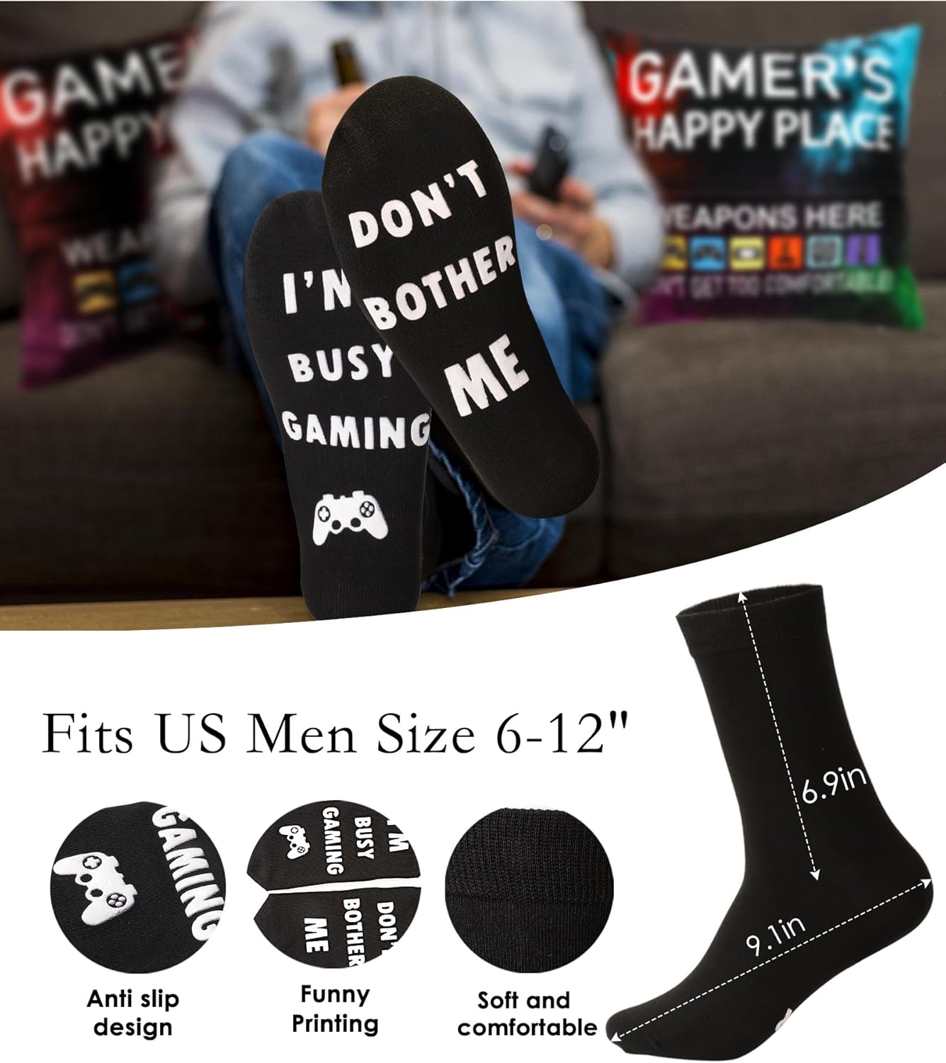 OCCdesign Gamer Gifts for Teenage Boys Men, Gaming Room Decoration, Gamer Pillow Cover and Game Socks Gifts Set, Christmas Stocking Stuffers Ideas for Teens Boys Girls Men Father Boyfriends 18" x 18" - Image 3
