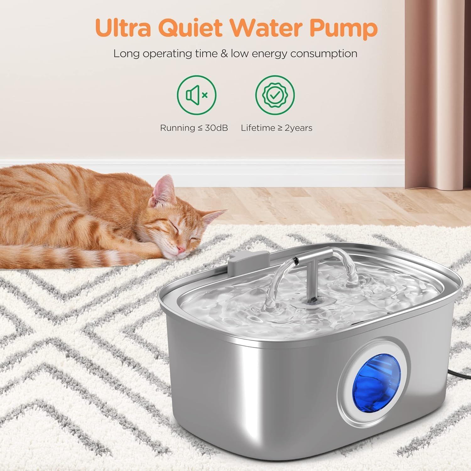 Cat Water Fountain Stainless Steel: 108oz/3.2L Cat Fountain for Drinking with Filter - Pet Water Fountains for Cats Inside - Automatic Cat Feeding & Watering Supplies - Water Level Window - Image 5