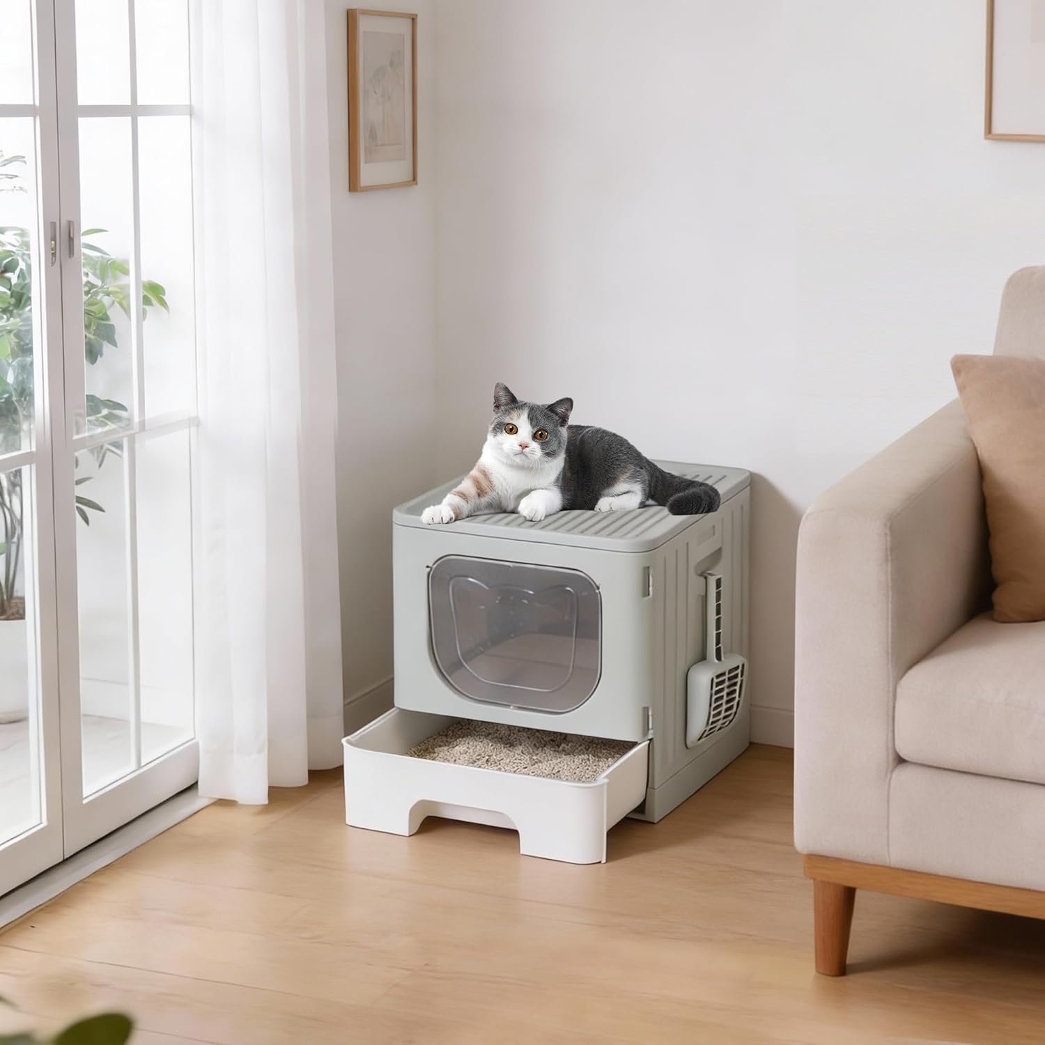 OLIXIS Cat Litter Box with Lid, Large Foldable Cat Box with Litter Scoop, Front Entry Top Exit Kitty Litter Box with Door, Easy Cleaning Drawer Design Odor Control, Grey - Image 7