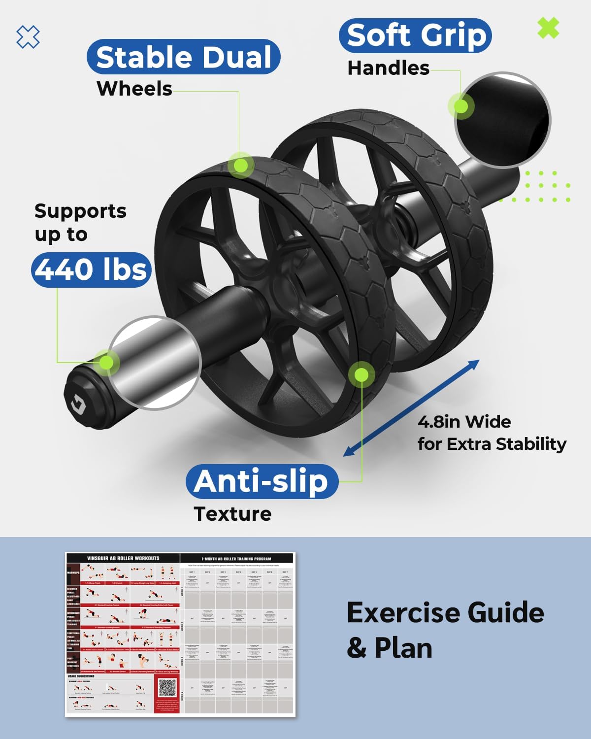 VINSGUIR Ab Roller Wheel for Beginners to Pros, Ab Roller with Adjustable & Detachable Resistance Band, Core Workout Equipment for Home Gym, Abdominal Wheel with Exercise Guide and Knee Pad, Men Women - Image 9