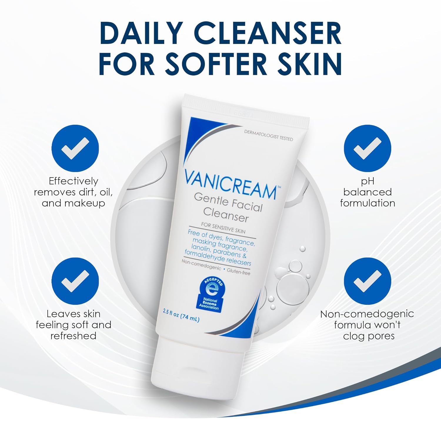 Vanicream Gentle Facial Cleaner, 2.5 Fl Oz, Formulated without Common Irritants for Sensitive Skin, Removes Makeup, Dirt & Excess Oils, Non-Comedogenic, pH-Balanced Face Wash - Image 7