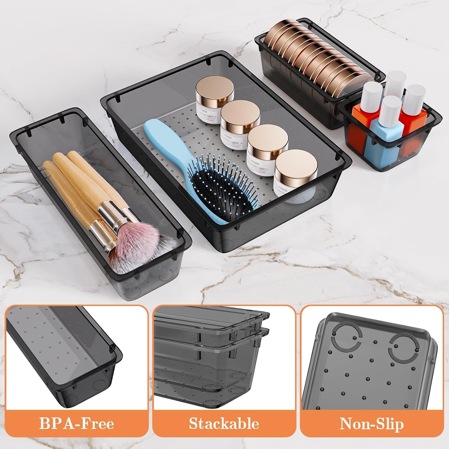 SpaceHacks 25 PCS Plastic Drawer Organizer Set, 4-Size Versatile Organizer Trays & storage Bins for Makeup, Jewelry, and Gadgets in Bathroom, Bedroom and Office,Clear Black - Image 3