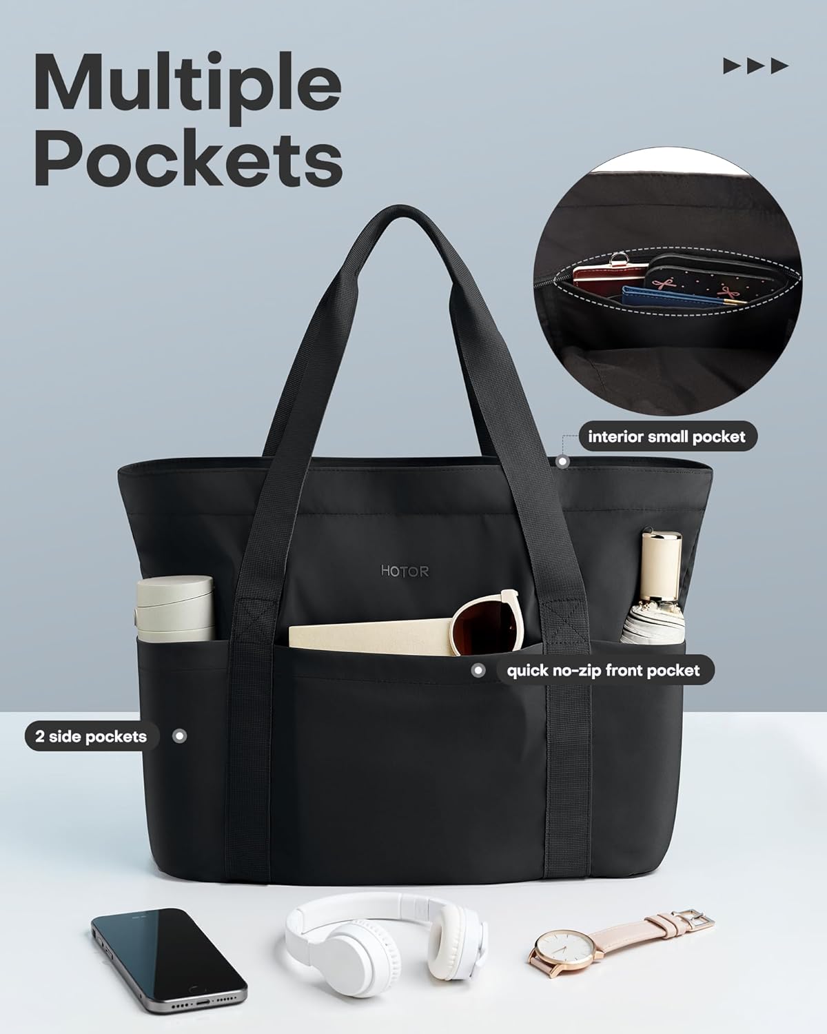HOTOR Tote Bag for Women - Foldable Lightweight Tote Bags with Zipper, Large Shoulder Bag Top Handle Handbag for Travel, Work - Image 6