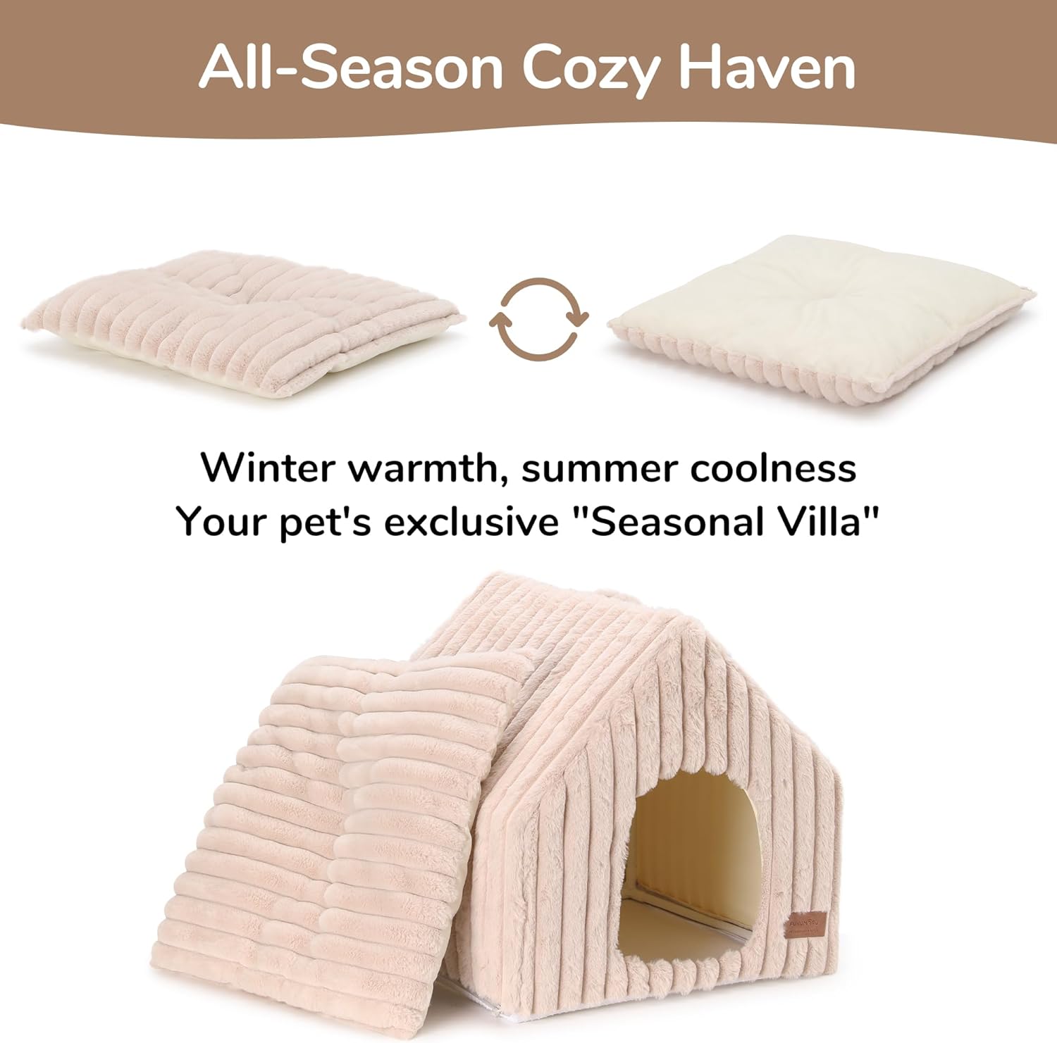 FUKUMARU Cat Houses for Indoor Cats, Washable Cute Cat Bed Cave with Removable Pillow, Large Semi-Enclosed Cozy Dog House Indoor, Soft Faux Rabbit Fur Kitten Bed, 17.5-Inch Cat Hideaway, Pink Grey - Image 3