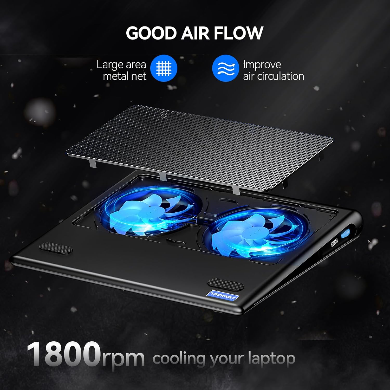 TECKNET Laptop Cooling Pad - 12"-15.6" Laptops Cooler, Powerful Cooler and Ultra Quiet for Gaming Laptops Pad, 2 Wind Speed Adjustable, USB A & C Powered Cooler Stand with Laptop Fan LED (Blue) - Image 6