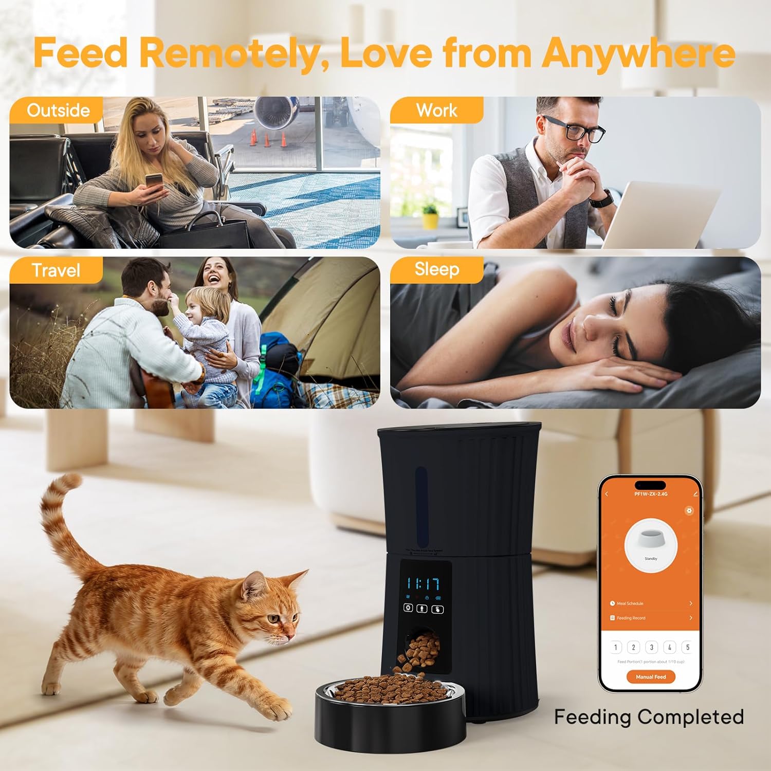 NEWBULIG Automatic Cat Feeder, 4L Timed Pet Feeders with 10s Voice Recorder, Dog Food Dispenser with APP Control, Dry Food, 10 Meals, Programmable 50 Portions, Dual Power Supply, Desiccant Bag - Image 5
