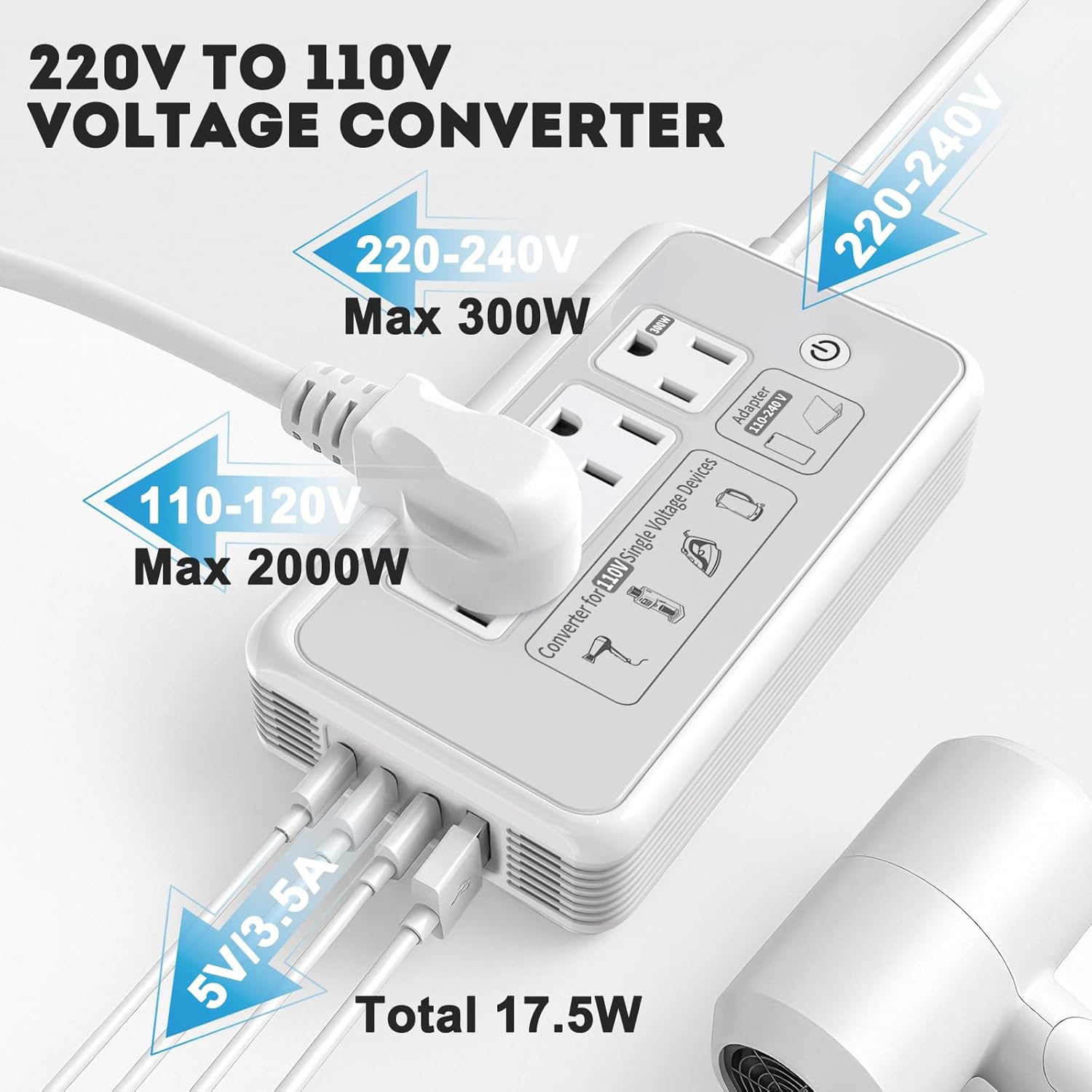 220V to 110V Voltage Converter, 2000W Adapter US to Europe International Travel, Mapambo Universal Voltage Converter (Gray) - Image 5