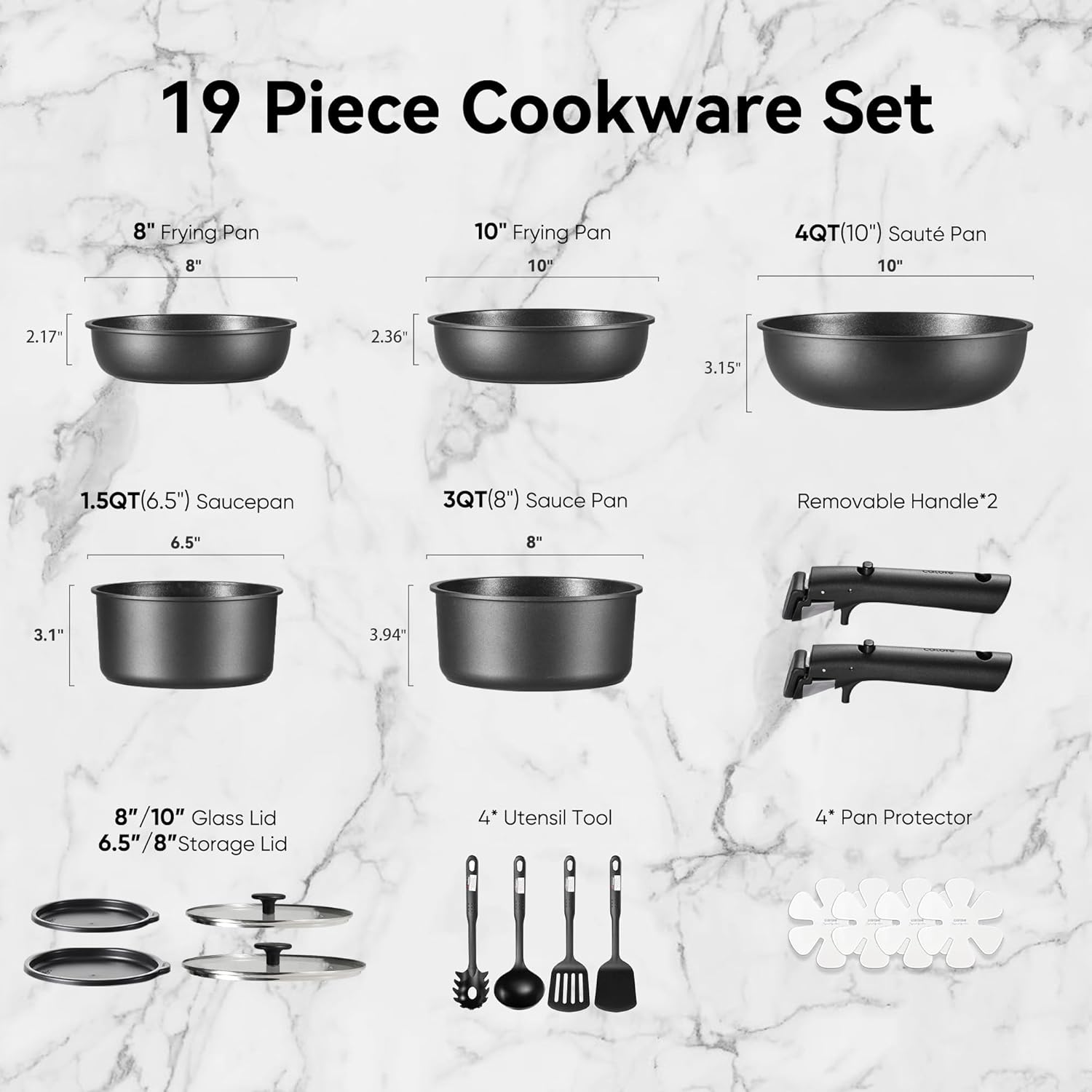 CAROTE 19Pcs Pots and Pans Set Non Stick, Cookware Set Detachable Handle, Nonstick Induction Kitchen Sets Non Stick with Removable Handle, RV Cook Ware, Oven Safe, Black - Image 2