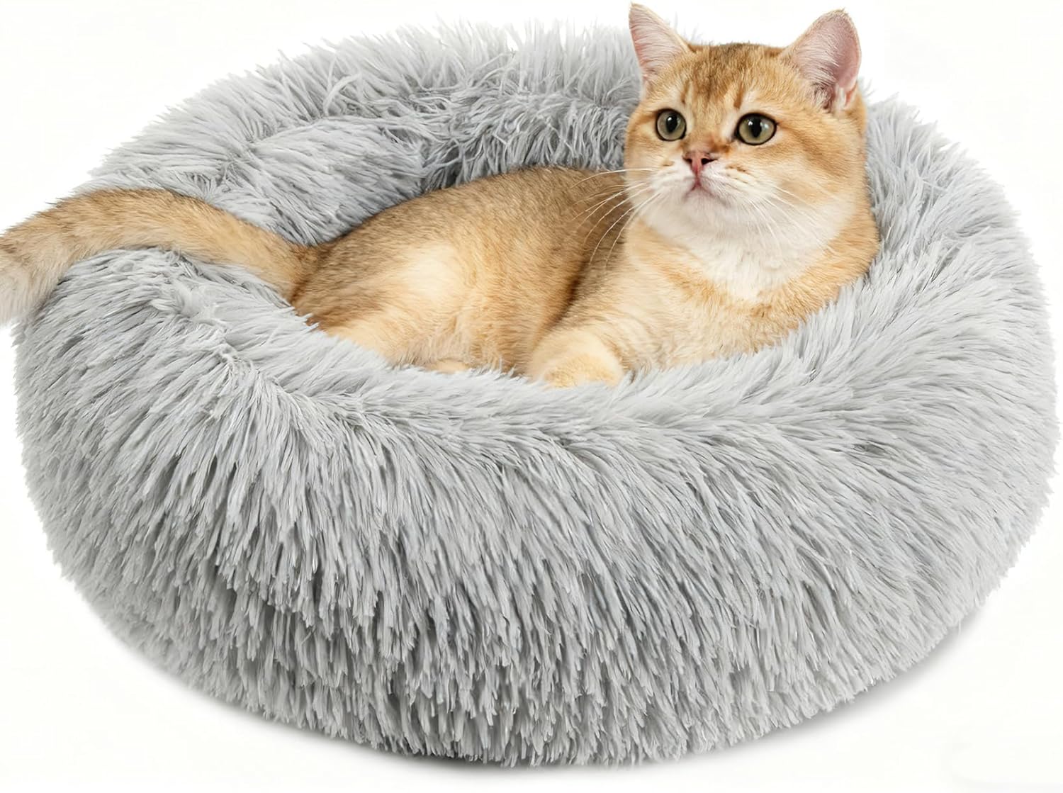 Cat Bed - Calming Cat Bed for Small Kittens Donut Washable Round for Indoor Kittens and Puppies, Anti-Slip Round Fluffy Plush Faux Fur, Small, Light Grey