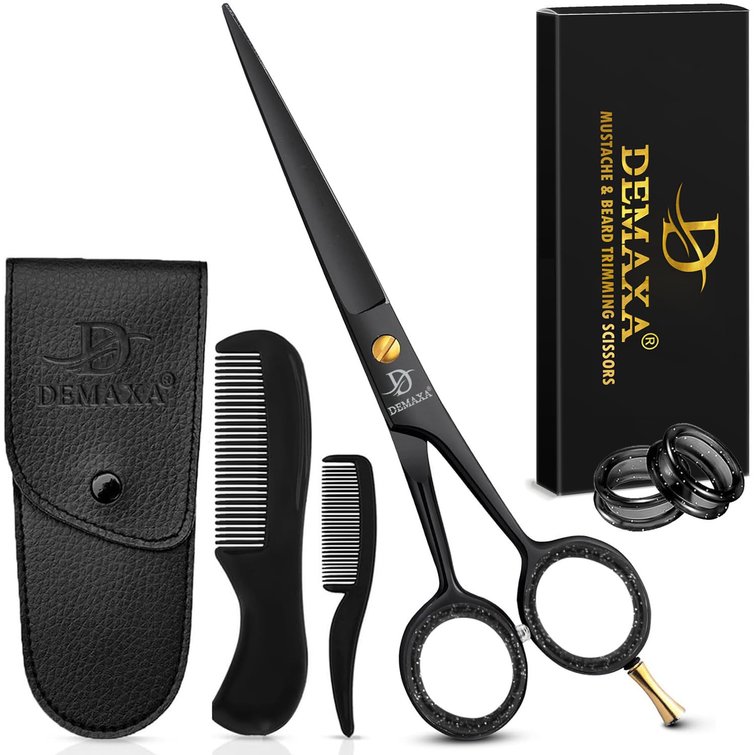 DEMAXA 5" Professional Beard Scissors for men Mustache Scissors with 1 Mustache Comb, 1 Beard Comb & Soft Pouch – Prefect Beard shears mustache kit for All Facial Hair – moustache Grooming kit for Men