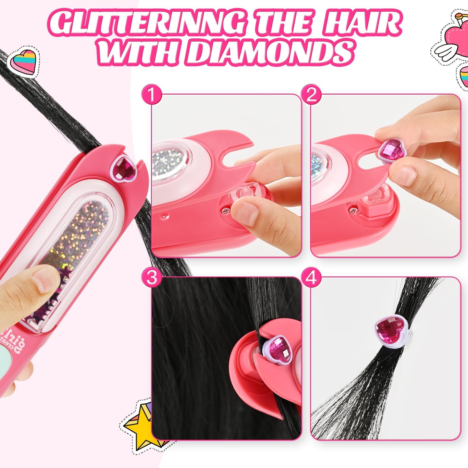 kidzkube Hair Gem Stamper Kit, Bling Hair Jewels for Girls Toys, Hair Styling Tool with Reusable Shining Diamonds, Birthday Gifts Toys for Girls Ages 3 4 5 6 8-12 - Image 4