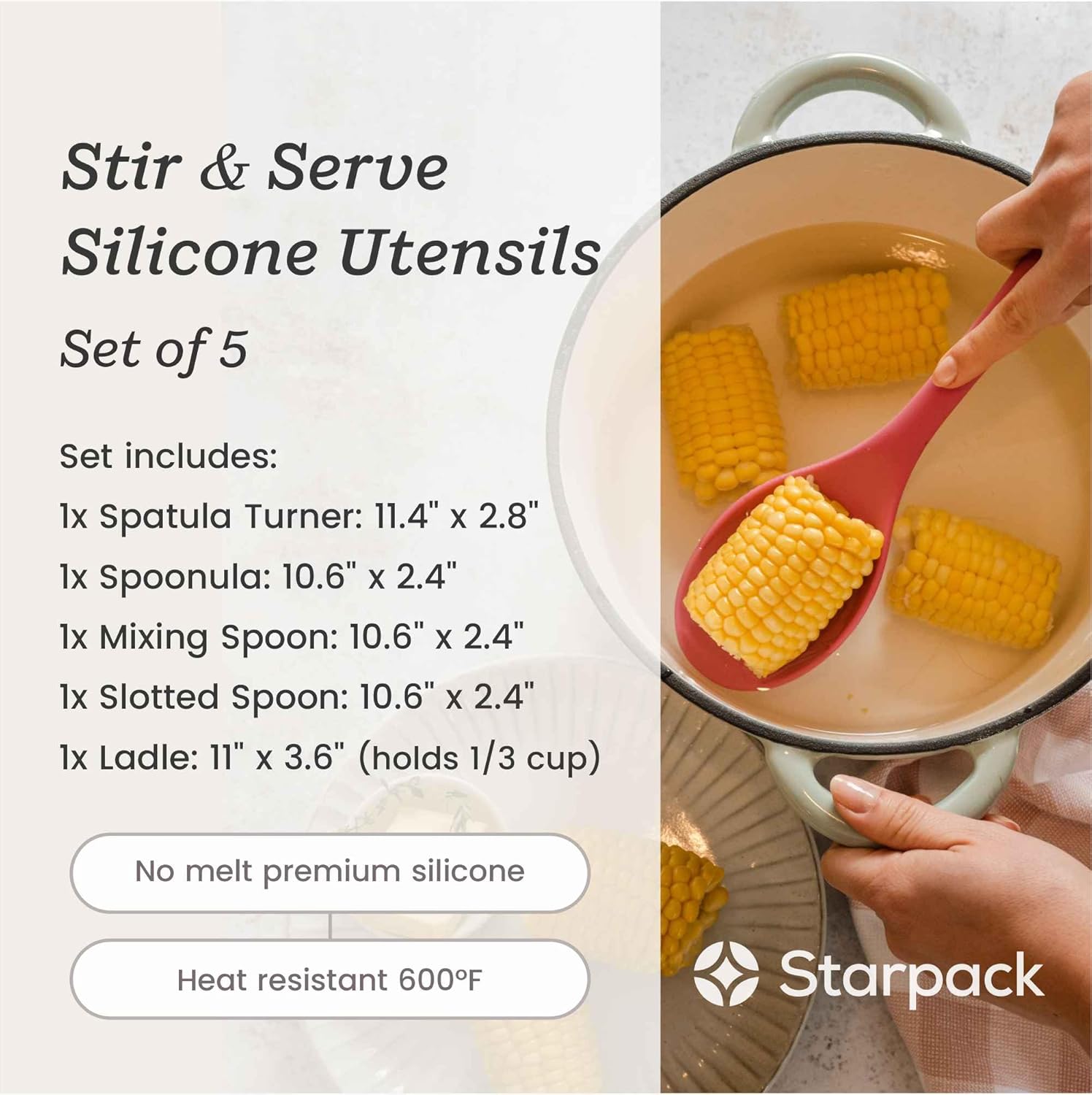 Starpack 'Stir & Serve' Silicone Cooking Utensils Set (5 Pcs) - 10.5" - Kitchen Utensil Set Heat Resistant to 600°F - Kitchen Utensils for Nonstick Cookware - Silicone Utensil Set for Mixing & Cooking - Image 5