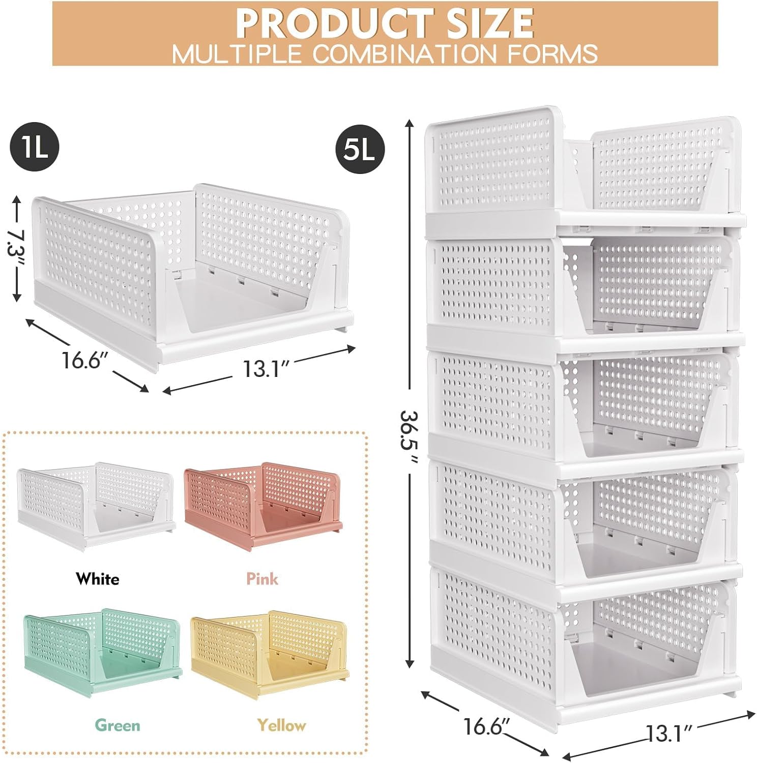 5 Pack Stackable Closet Storage Basket - Stackable Storage Bins, Multifunctional & Foldable Closet Organizer Waterproof, Wardrobe Cupboard Space-Saving Hat Storage Drawer Organizer, White - Image 3