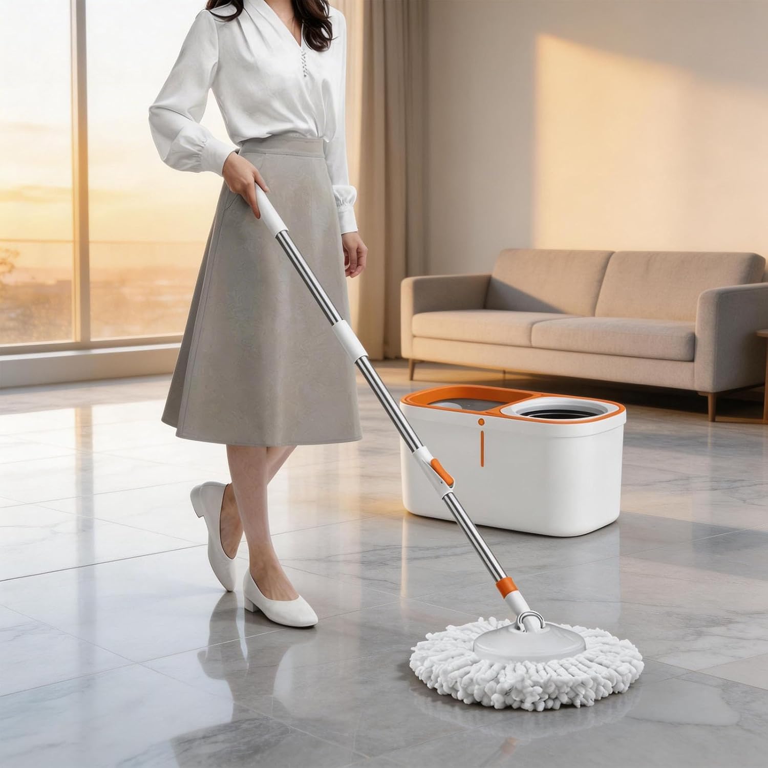 Floor Spin Mop and Bucket Set with Wringer System Extended Stainless Steel Handle 61"for Home Floor Cleaning Use with 5 Replacement Head Refill and 1 Cleaning Brush Head - Image 8
