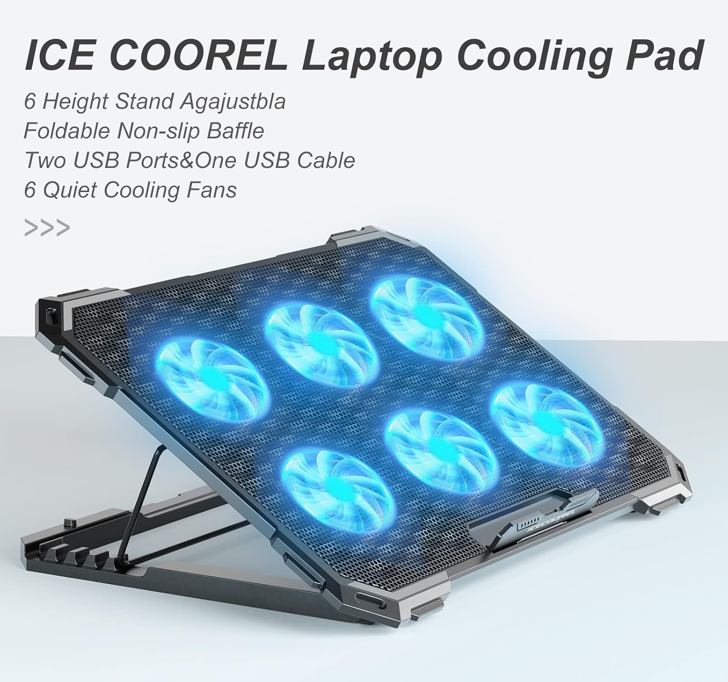 ICE COOREL Laptop Cooling Pad with 6 Cooling Fans, Cooling Pad for Laptop Fan 13-15.6 Inch, Laptop Cooler Stand with 6 Height Adjustable, Notebook Cooler Pad with Two USB Port - Image 7