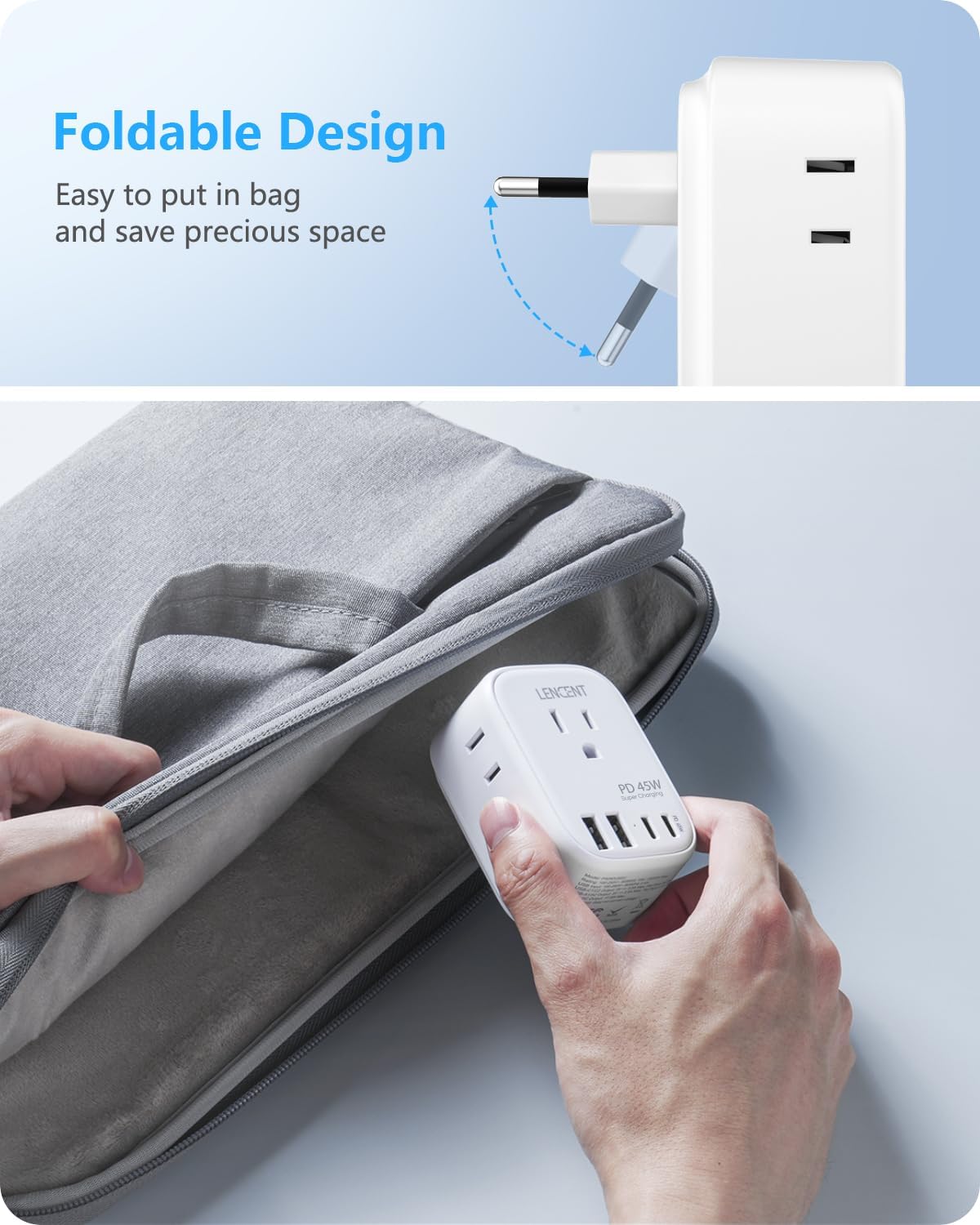 LENCENT European Travel Plug Adapter, PD 45W Type C Foldable Power Plug with 4 Outlets 4 USB Ports, USB Fast Charger Adaptor, Power Adaptor for US to Most of Europe EU Spain Italy France Germany - Image 2