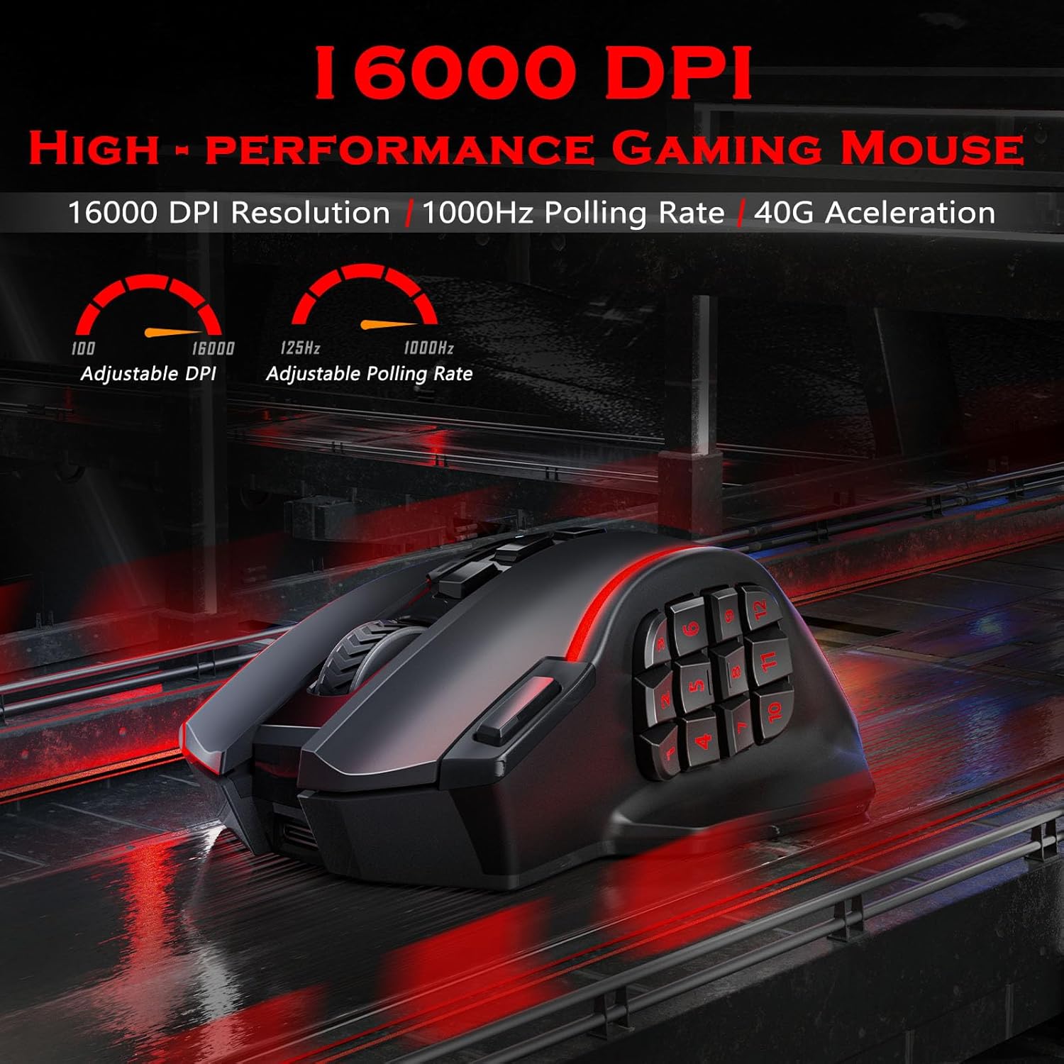 Redragon Wireless Gaming Mouse, MMO Gaming Mouse UP 16,000 DPI, 16 Macro Programmable Buttons, RGB Rechargeable with 12 Side Buttons, 70Hrs for PC Laptop MOBA FPS, M901P-KS - Image 2