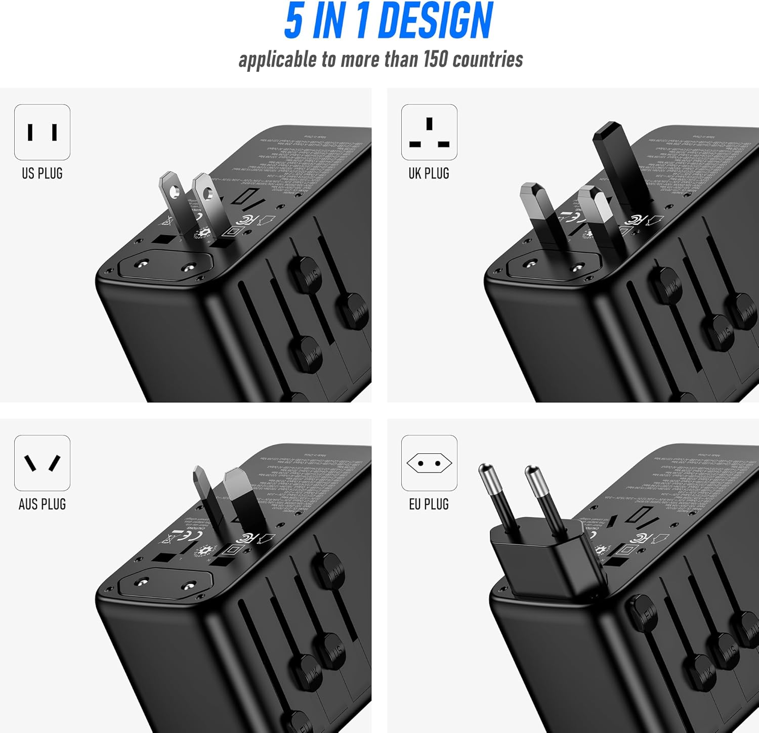 VYLEE 120W Universal Travel Adapter, GaN III International Power Adapter, 4 USB-C 1 USB-A Ports, AC Outlet, Worldwide US/UK/EU/AU Travel Charger for Cameras Laptops Tablets Phones and More - Image 4