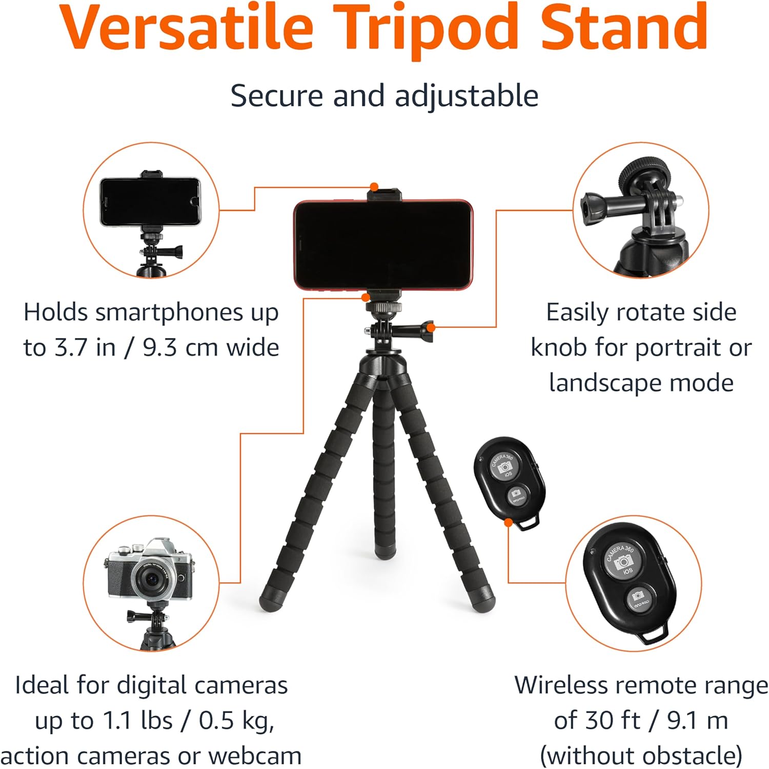 Amazon Basics Portable and Flexible Tripod with Wireless Remote and Smartphone Clamp, 10-inch, Black - Image 2