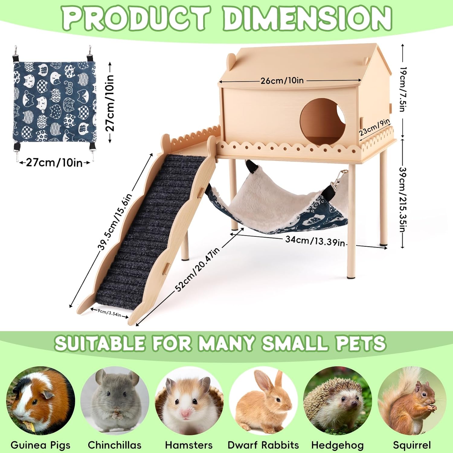 Kalolary Detachable Double-Decker Guinea Pig Hideout, Large Wooden Guinea Pig Castle with Stair, Hammock, Mat for Small Animals Hamster Chinchilla Bunny Ferret Rabbit Hiding Playing Sleeping - Image 2