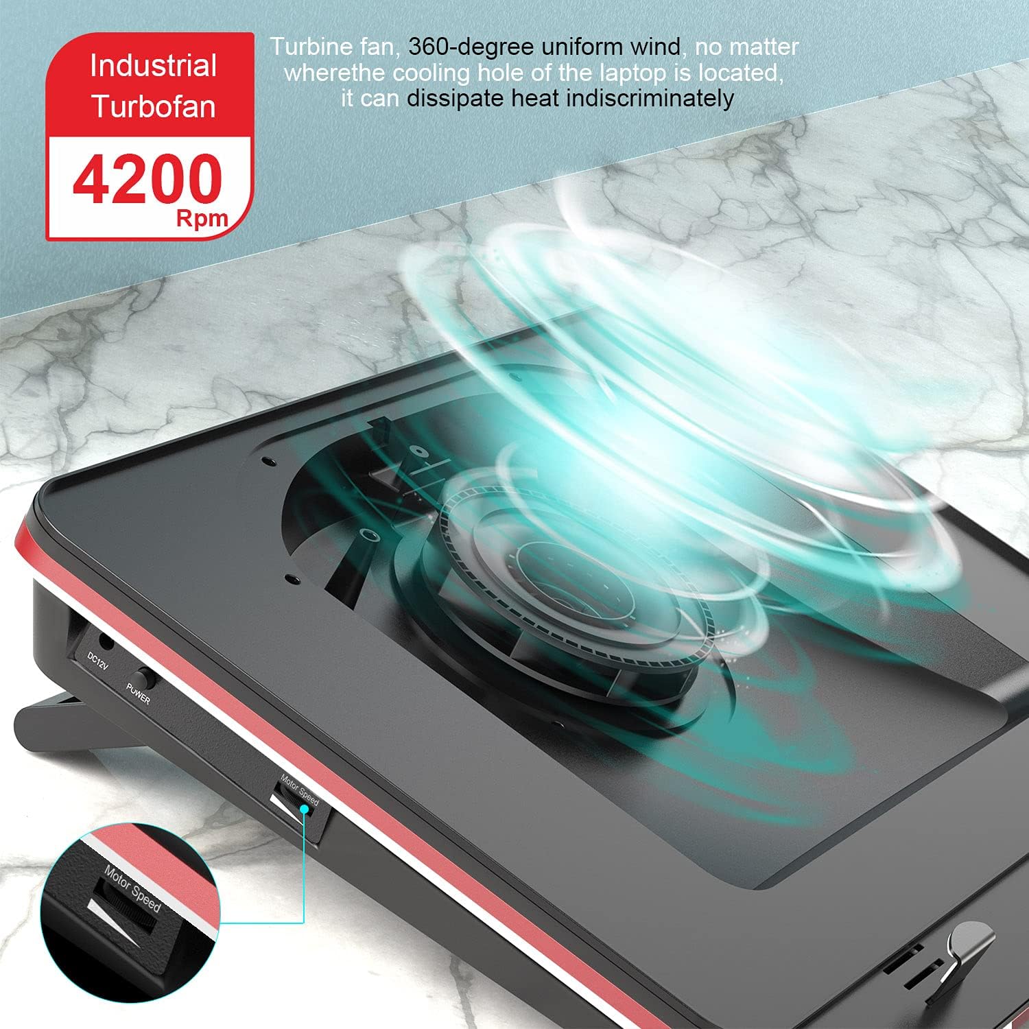 GT500 Powerful Turbo-Fan (4200 RPM) Laptop Cooling Pad with Infinitely Variable Speed,Seal Foam for Rapid Cooling Gaming Laptop,Dust Filter for Protect Laptop,13-17.3inch Laptop Cooler - Image 2