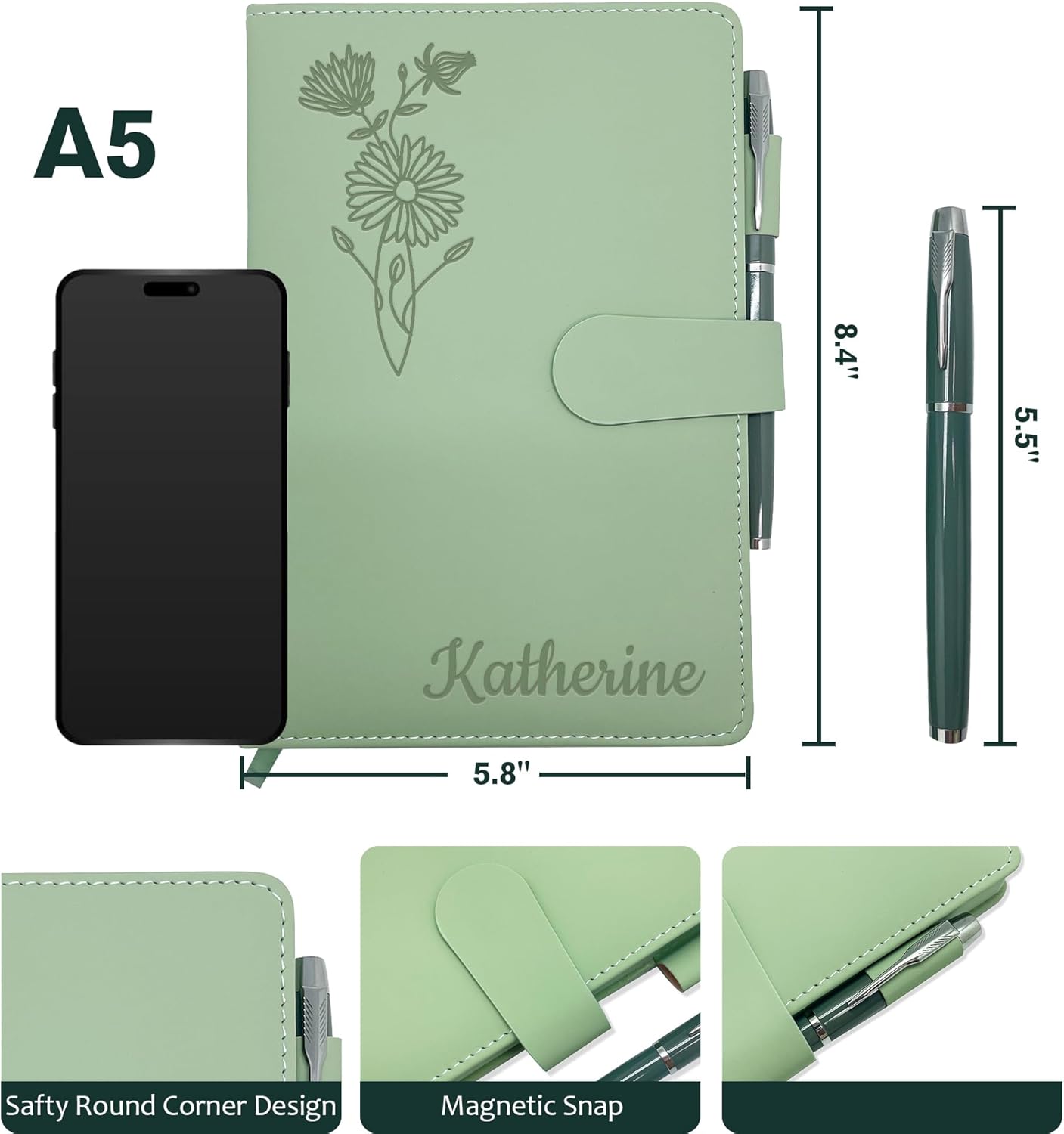 Personalized Leather Journal with Gifts Box & Pen, Custom Notebooks Diary with Engraved Birth Flower Name, Birthday Gifts for Women, Christmas Office Gift for Bridesmaid Students Teacher Mom Friend - Image 4