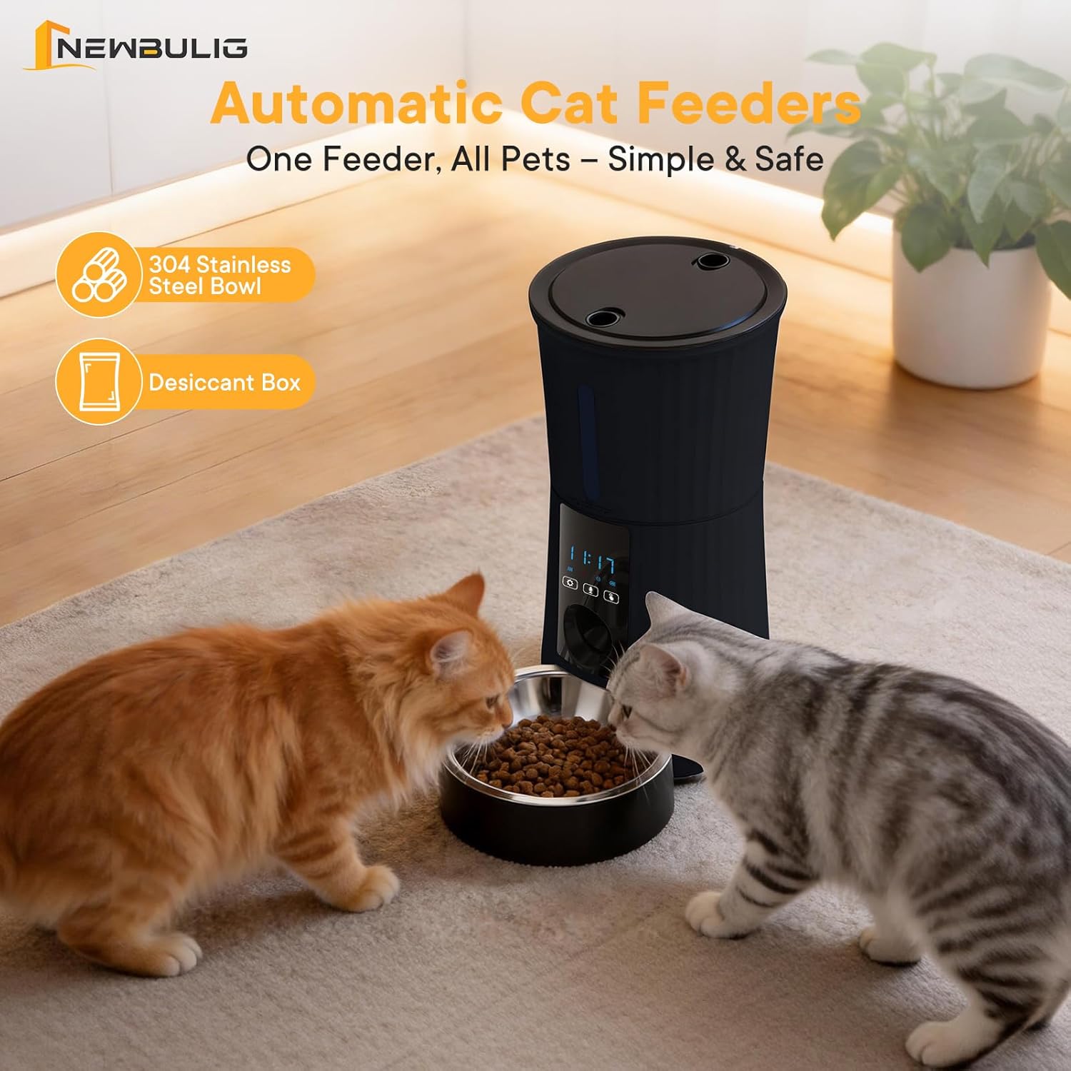 NEWBULIG Automatic Cat Feeder, 4L Timed Pet Feeders with 10s Voice Recorder, Dog Food Dispenser with APP Control, Dry Food, 10 Meals, Programmable 50 Portions, Dual Power Supply, Desiccant Bag - Image 10