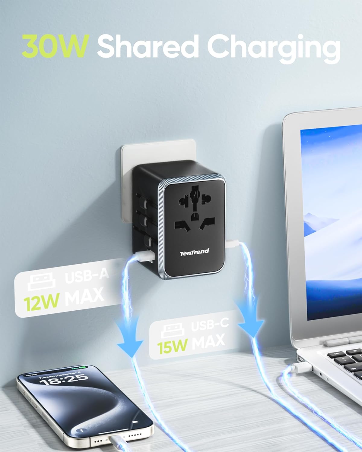 TenTrend Universal Travel Adapter, 30W International Power Adapter with 4 USB-C & 1 USB-A Ports, European Travel Plug Adapter, Worldwide Travel Essentials for EU UK AUS USA - Image 3